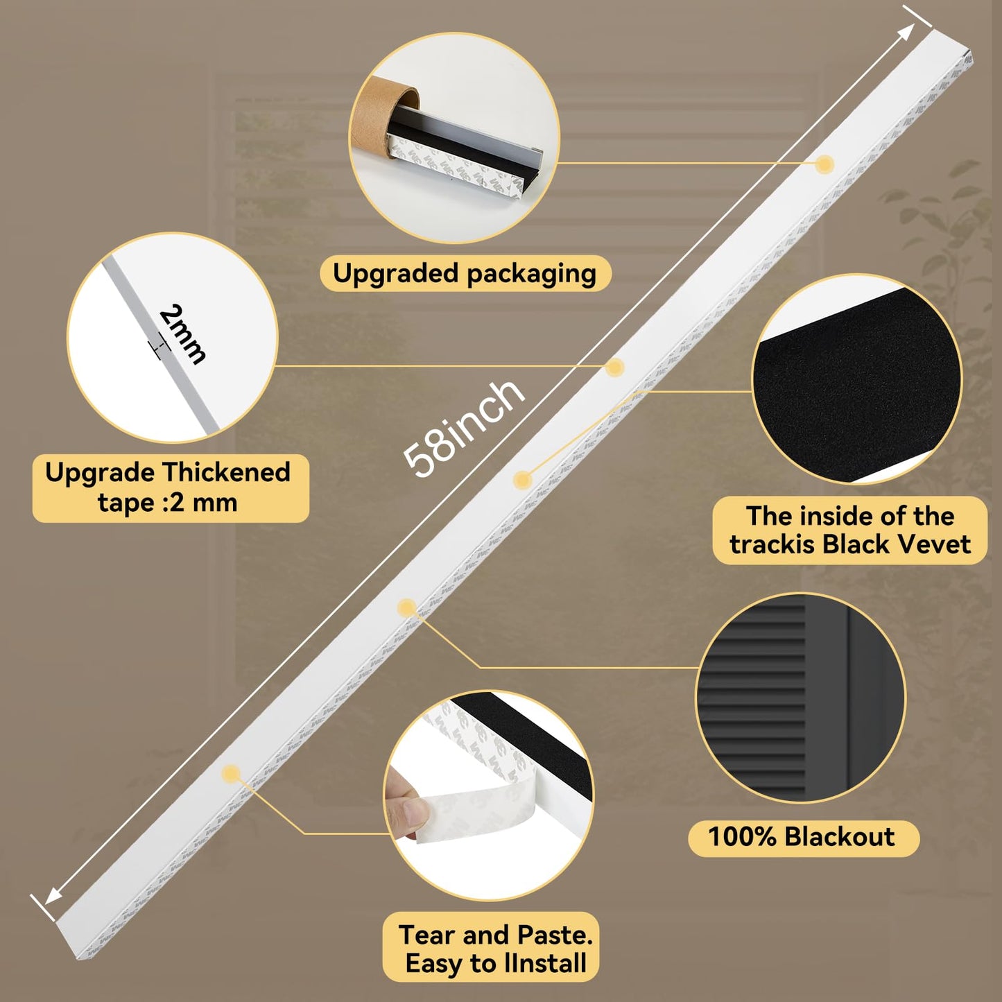 Blackout PVC Light Blocking Strips for Window Shades and Blinds - Blocks Light Along The Sides of Blackout Blinds,Side Tracks for Cordless Shades, Light Blocking Strips for Bedroom (White, 58",2Pcs)