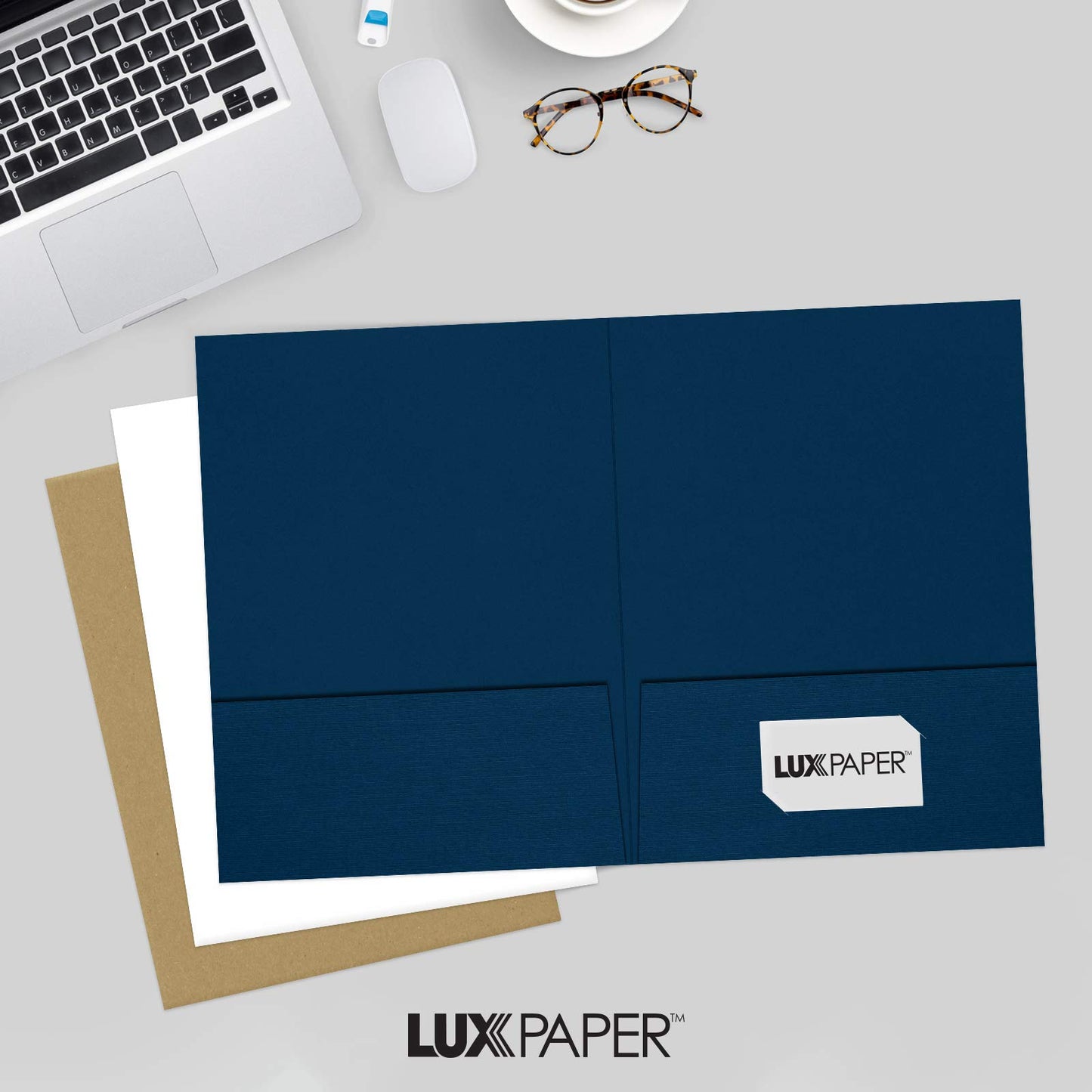 LUXPaper 9" x 12" Presentation Folders | Two Pocket | Nautical Blue Linen | 100lb. Cover | 25 Qty