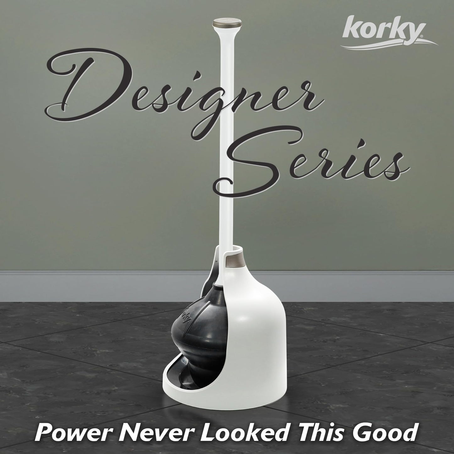 Korky White Toilet Plunger and Holder – Heavy Duty Compact Design – Fast Clog Removal – Easy to Clean - Made in USA