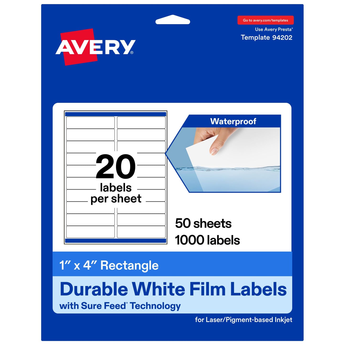 Avery Printable Durable White Rectangle Labels, Sure Feed Technology, 1" x 4", Waterproof Labels, Laser & Pigment-Based Inkjet Compatible, 1000 Total, Great for Product Branding, Marketing, and More