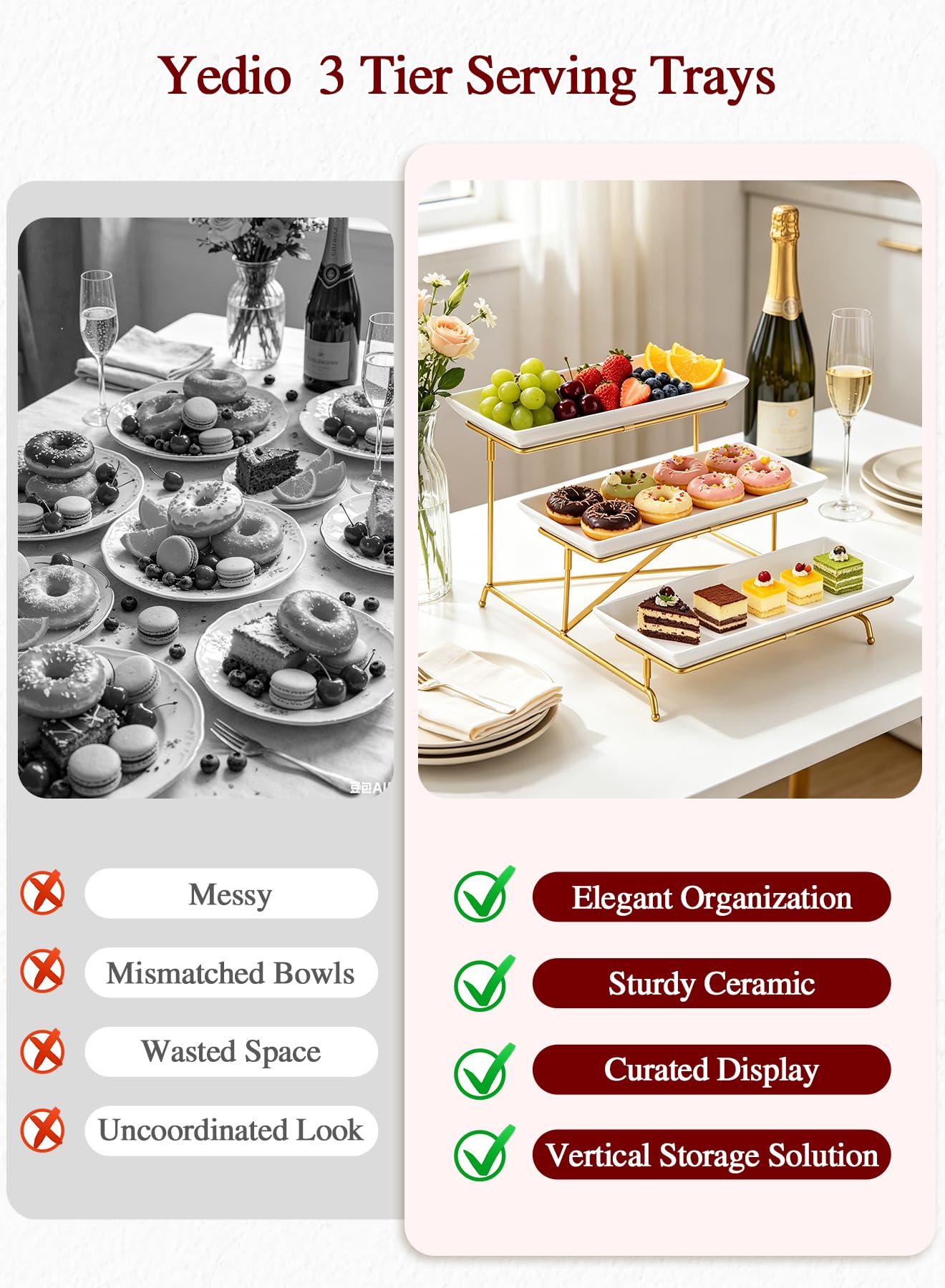Yedio 3 Tier Serving Tray Set 14 Inch Porcelain Tiered Serving Platters, Collapsible Sturdier Stand with Stable Cross Bars, Three Layer Serving for Party Entertaining Food Display Fruit Dessert