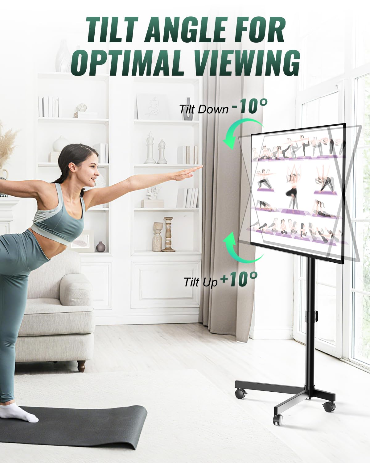 Zontera Mobile Rolling TV Stand on Wheels, Mobile TV Stand for 23-60 Inch LCD LED Flat Panel Curved Screen TVs, Tilt and Height Adjustable Portable TV Cart up to 88lbs, Max VESA 400x400mm, Black