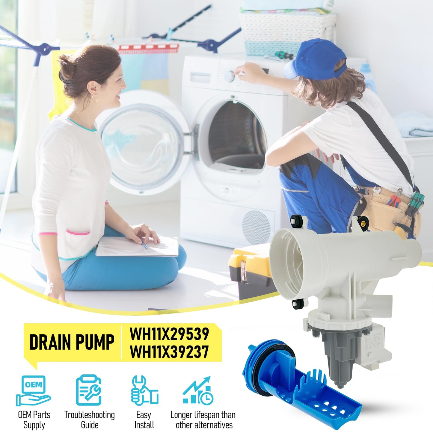WH11X29539 WH11X39237 Washer Drain Pump Filter for GE GFW550SSN0WW GFW550SSN1WW GFW550SSN2WW GFW550SSN3WW GFW550SSN4WW GFW550SSN5WW GFW550SPN0DG GFW550SPR5RS GFW650SPN0SN GFW650SSN1WW PFQ97HSPV0DS
