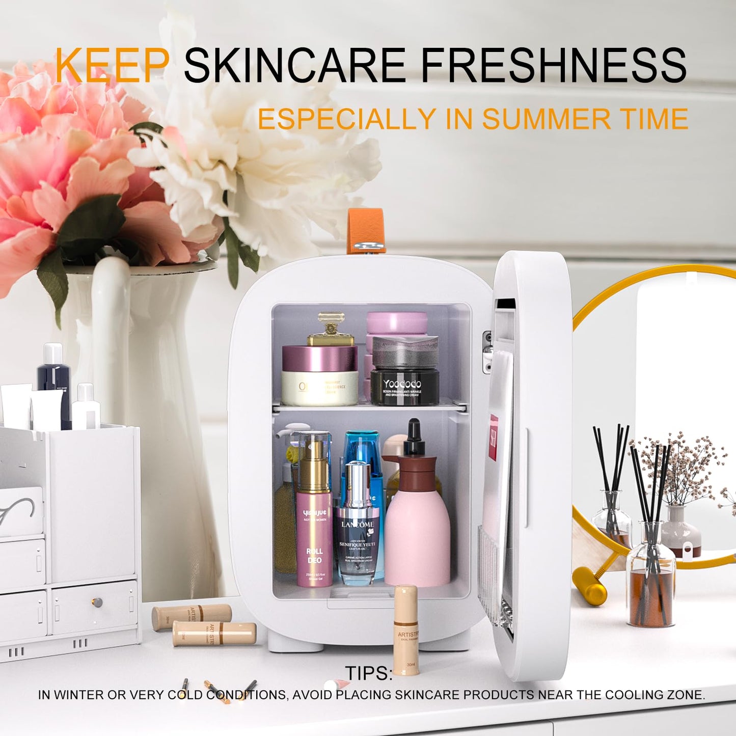 Hansburg Mini Fridge for Bedroom Mirror Skincare Cooler & Warmer Portable Small Refrigerator 4 Liter/6 can with 12v AC/DC/USB Option for Food, Drinks, Makeup, Dorm, Office and Car