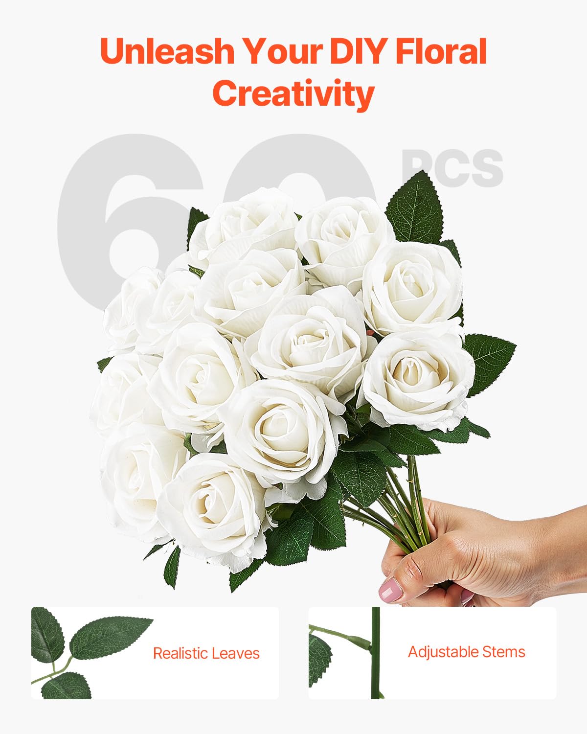 VEVOR Artificial Flowers, 60 pcs Real Looking White Foam Fake Roses Bulk, White Faux Bridal Shower with Stems for DIY Wedding Bouquets, Home Centerpieces Arrangements, Party Tables Decorations