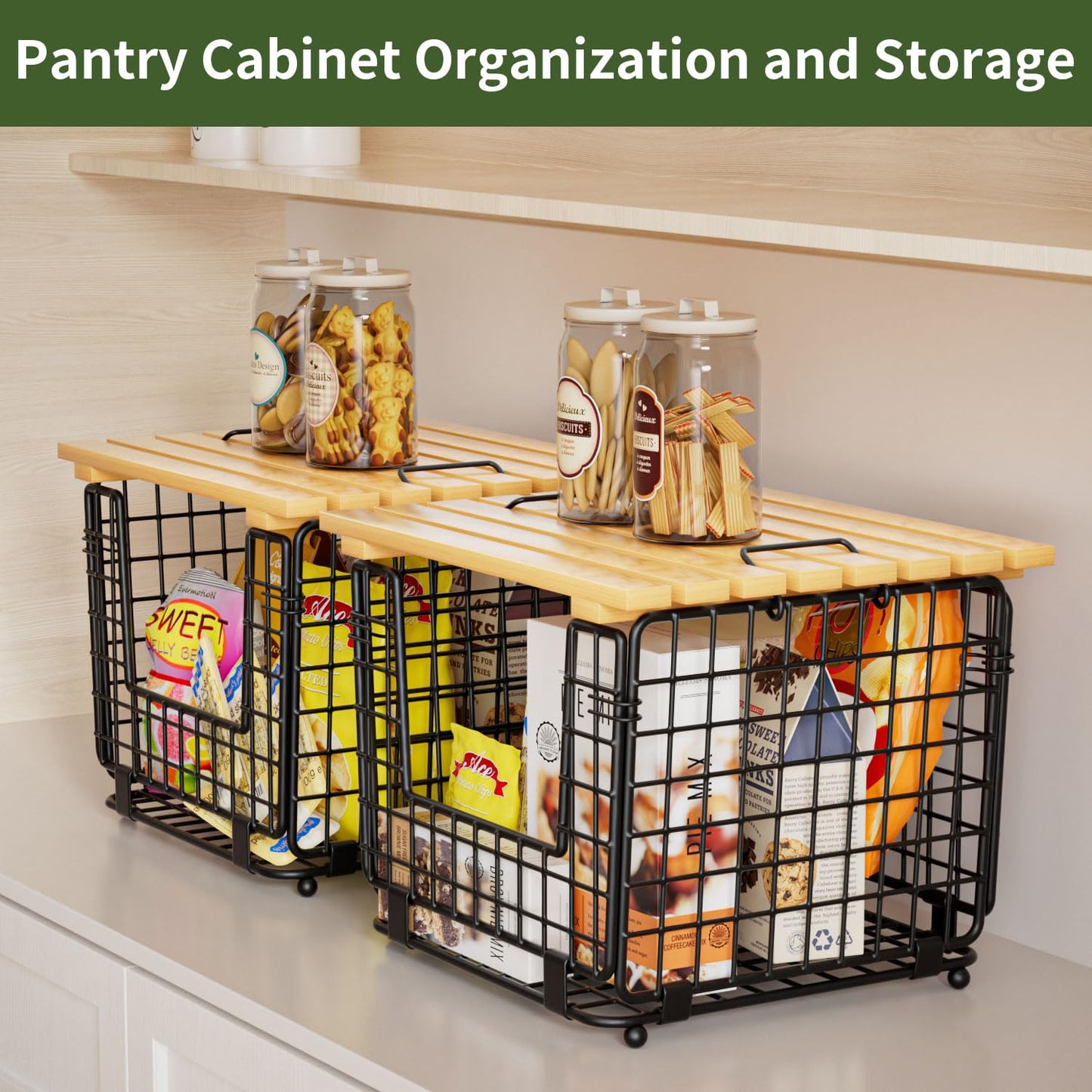 Wire Storage Basket for Kitchen Pantry: GGIU Stackable Kitchen Counter Organizers - Wire Organizing Bin for Produce Fruit Vegetable Potato and Onion Black