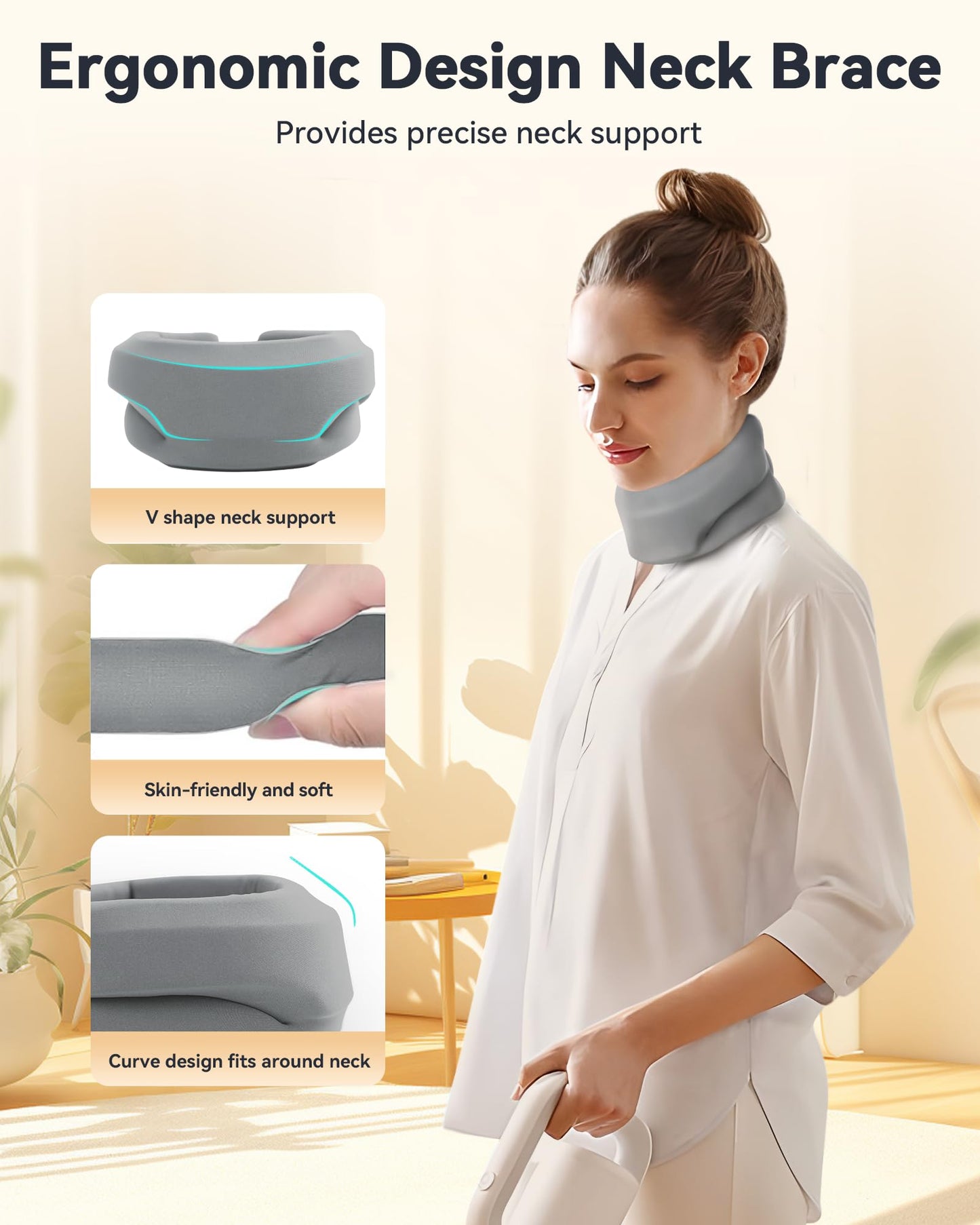 BETOVIN Heated Neck Brace Cervical Collar - Neck Support Brace with Heating Pad, Soft Foam Wraps Keep Vertebrae Stable and Aligned for Relief of Cervical Spine Pressure for Women & Men (M Size) Grey