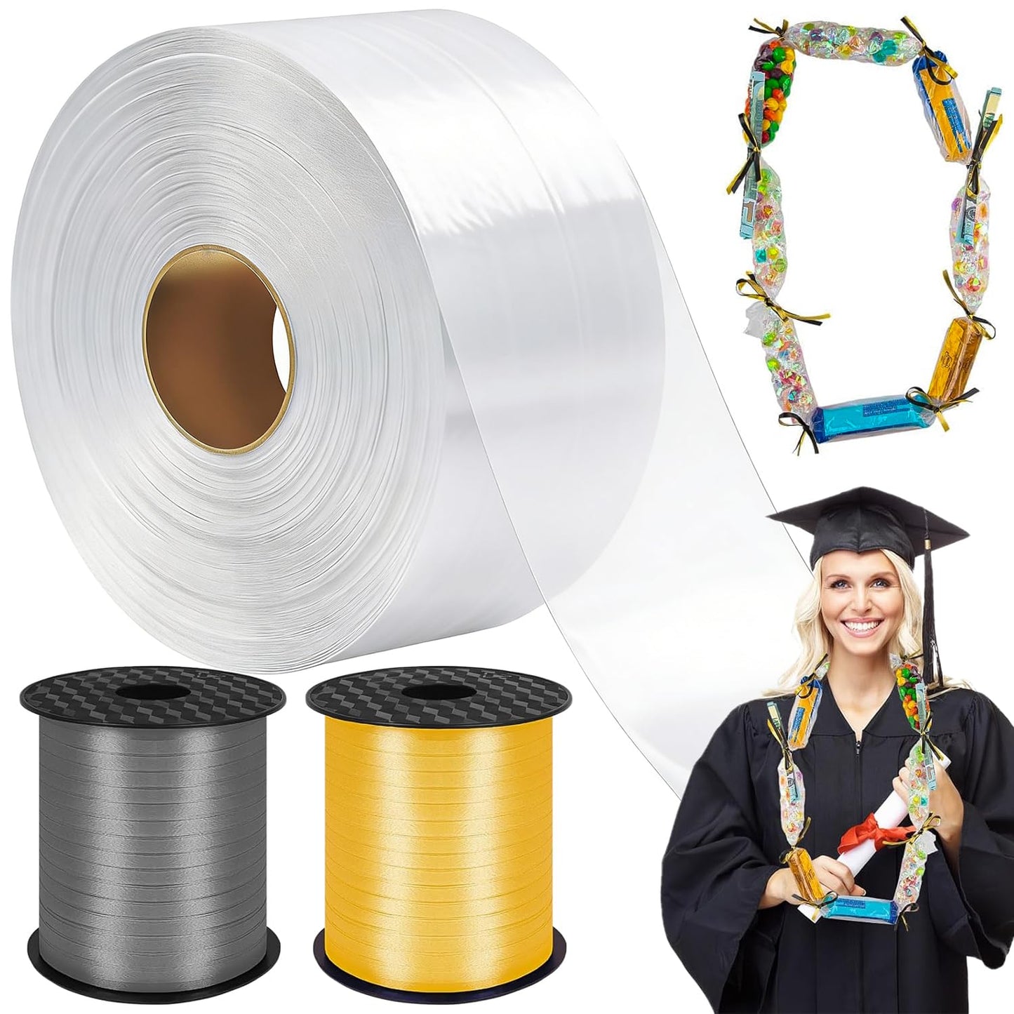 Candy Lei Poly Tubing, 3 Inch x 500 ft Clear Graduation Candy Lei Making Kit with 2 Rolls 250 yd Ribbon, Clear Shipping Poly Tubing for DIY Graduation Wreaths Packing Snacks