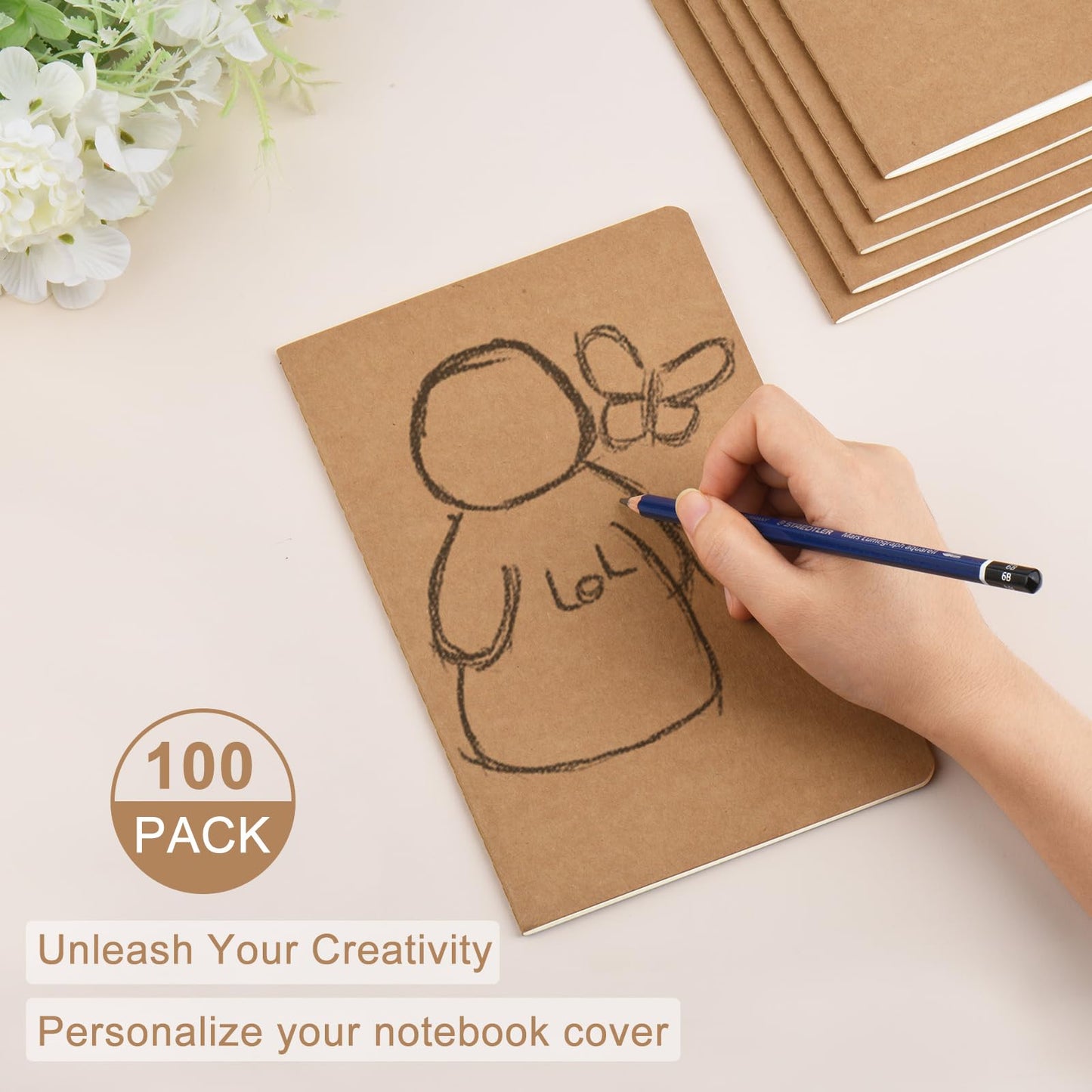 ZCZN 100 Pack A5 Kraft Notebooks Bulk, 8.15x5.5 Inches Lined Paper Journaling Notebooks, Notebooks for Work, Composition Notebooks for School, Journal Notebooks for Office, 60 Pages