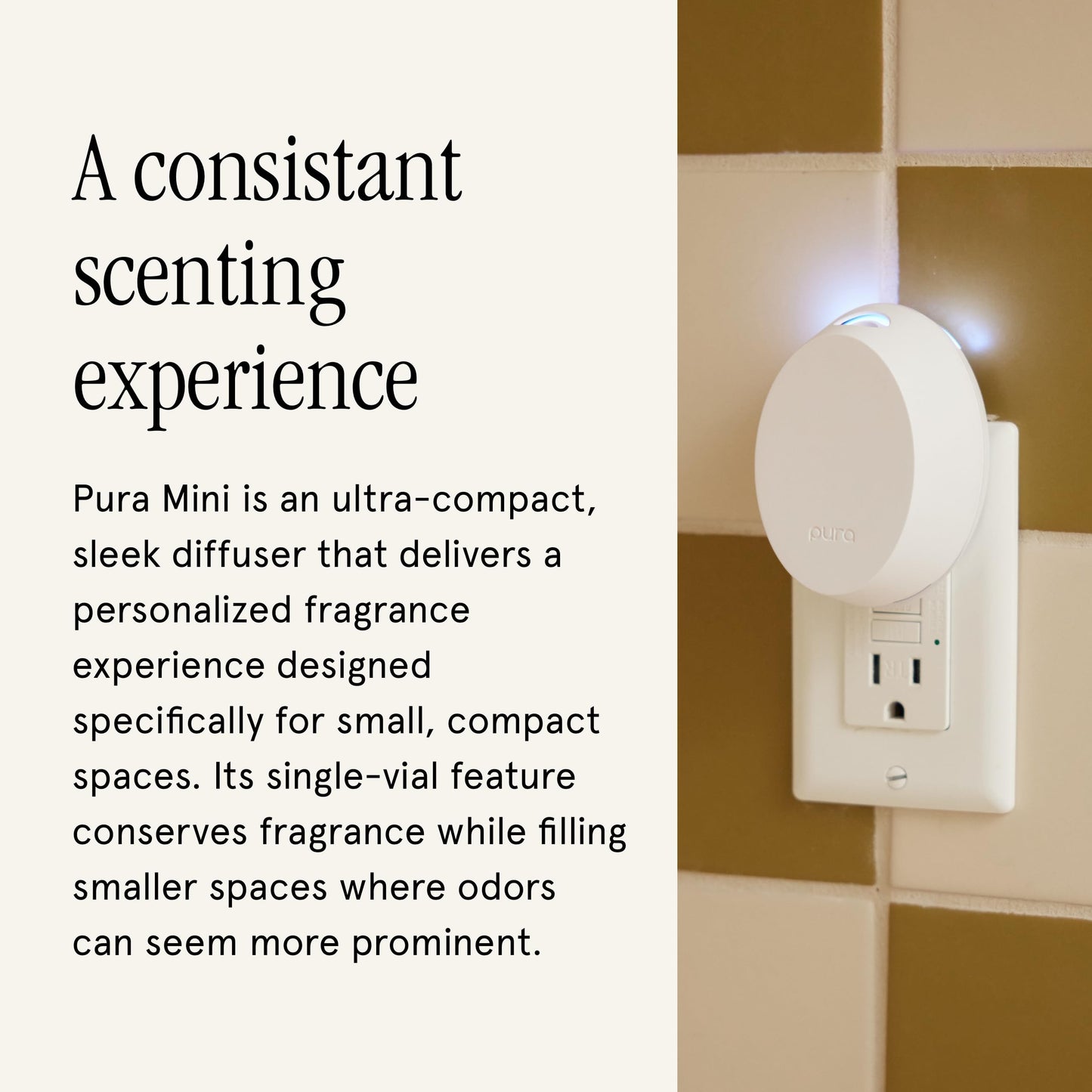 Pura Home Mini Fragrance Diffuser for Small Spaces Adjustable Smart Home Device with LED Light & Automatic Vial Detection - Includes 1 Scent Refill - Linens & Surf