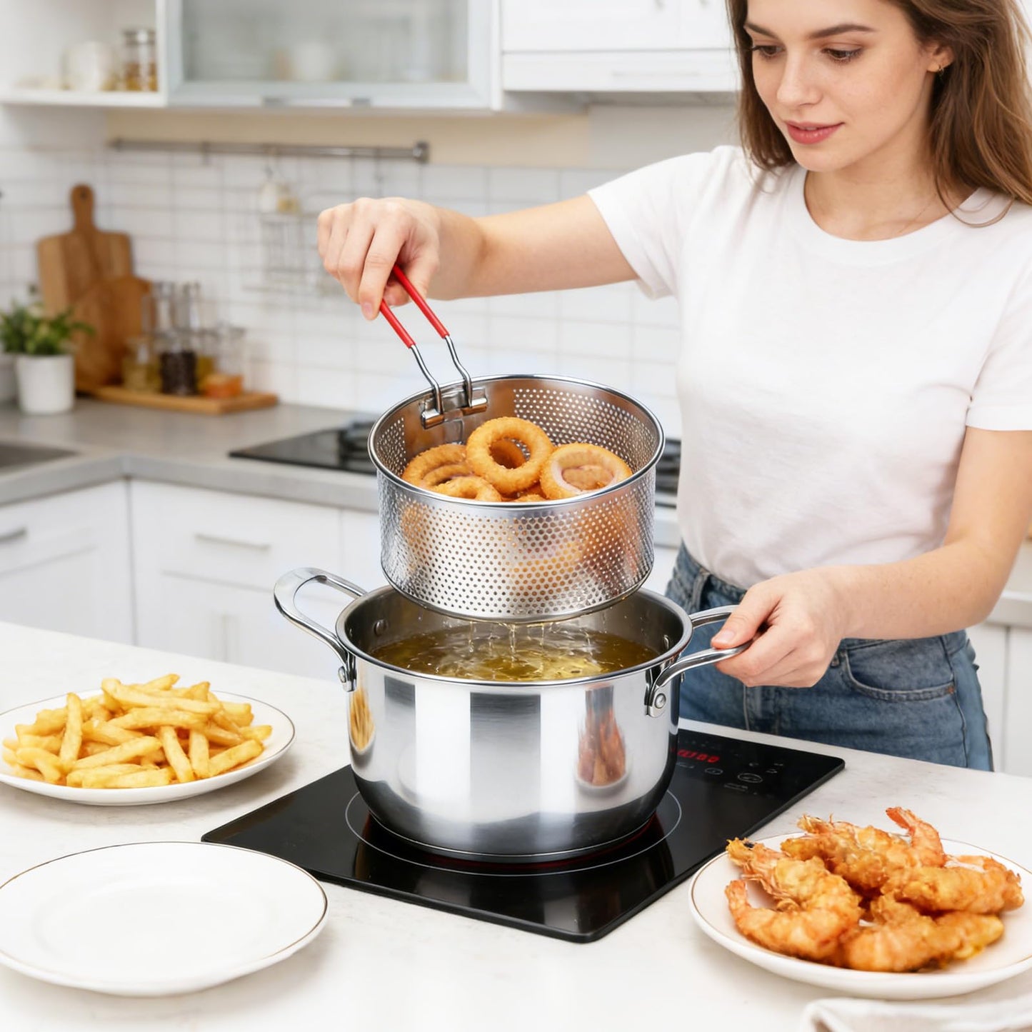 Deep Fryer Pot with Basket, Cooking Pot with Strainer Basket, 4.0L/4.2QT Multi-function Pot with Anti-scald Handle, Egg Steamer Rack & Lid, Stainless Steel Cookware for Home Kitchen Outdoor Camping
