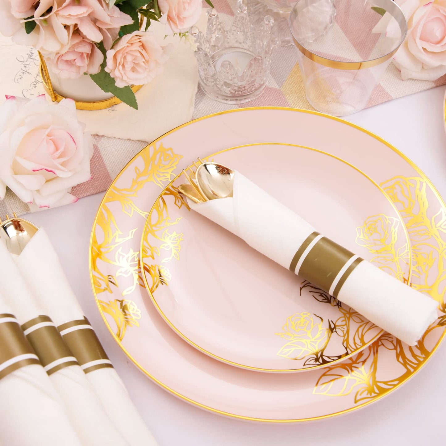 DaYammi 210Pcs Pink Plastic Plates,Pink Gold Floral Disposable Dinnerware Set-30 Dinner Plate,30 Salad plate,30 Per Rolled Napkins with Gold Cutlery,30 Cups,Fancy Party Plates for Wedding Party