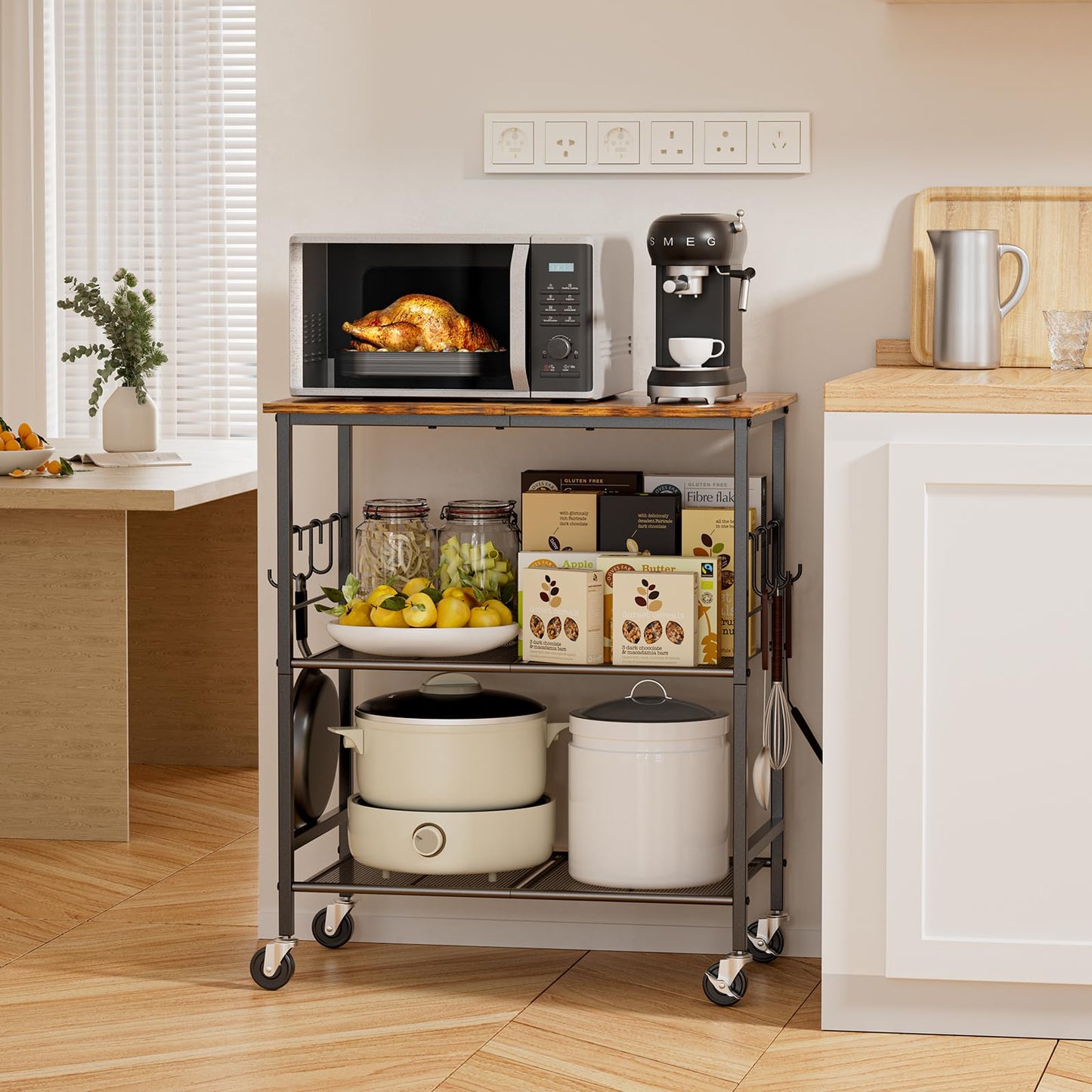 NTE Rolling Kitchen Microwave Cart, 3 Tier Microwave Stand with Storage, Small Kitchen Island on Wheels, Kitchen Storage Cart with 6 Hooks for Kitchen, Coffee Bar, Living Room, Balcony