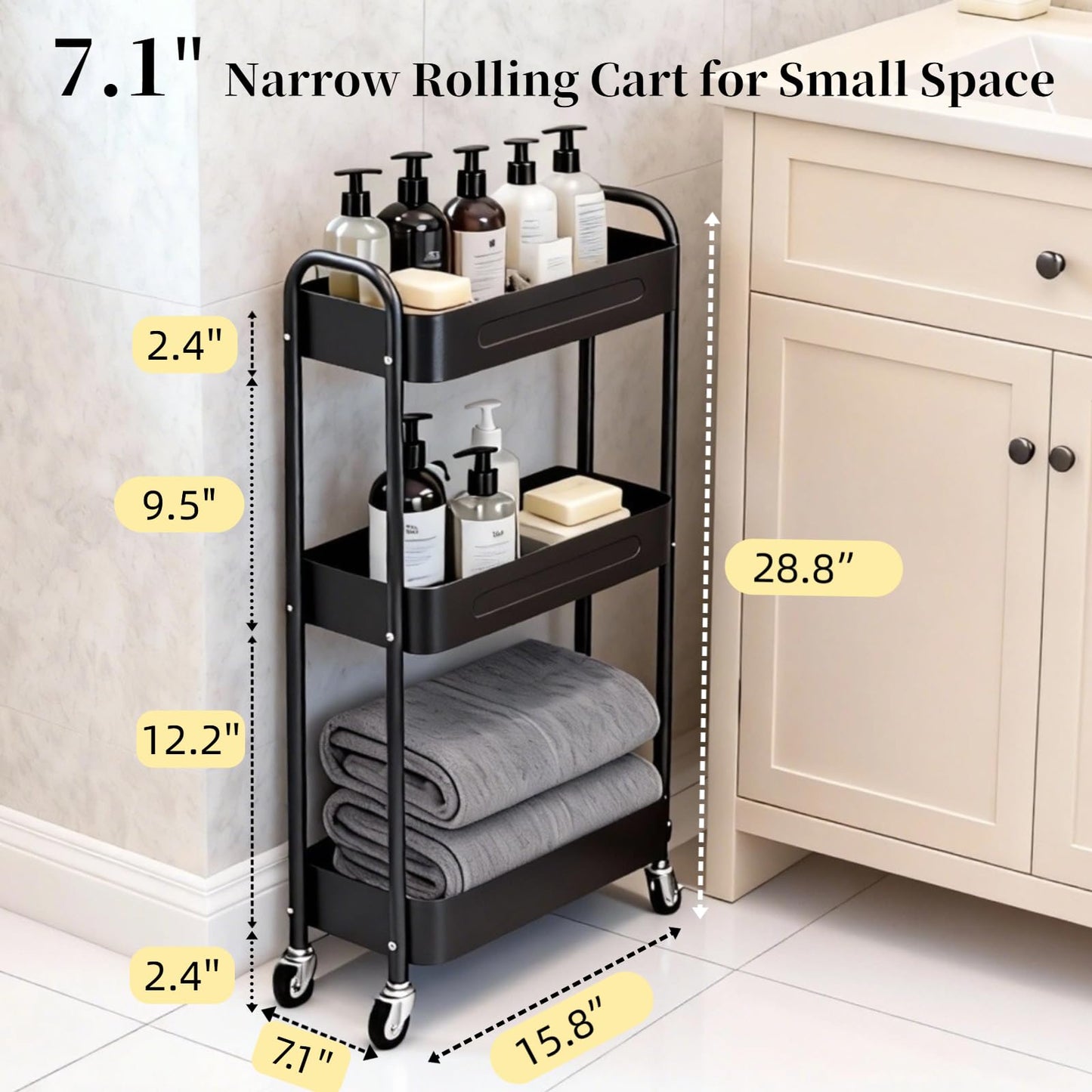 LIWNYRK 3 Tier Slim Metal Rolling Storage Cart for Laundry Room & Kitchen Organizer, 7.1'' Thin Standing Shelf for Narrow Spaces, Utility Cart with Wheels & Lockable Casters for Bathroom, Black