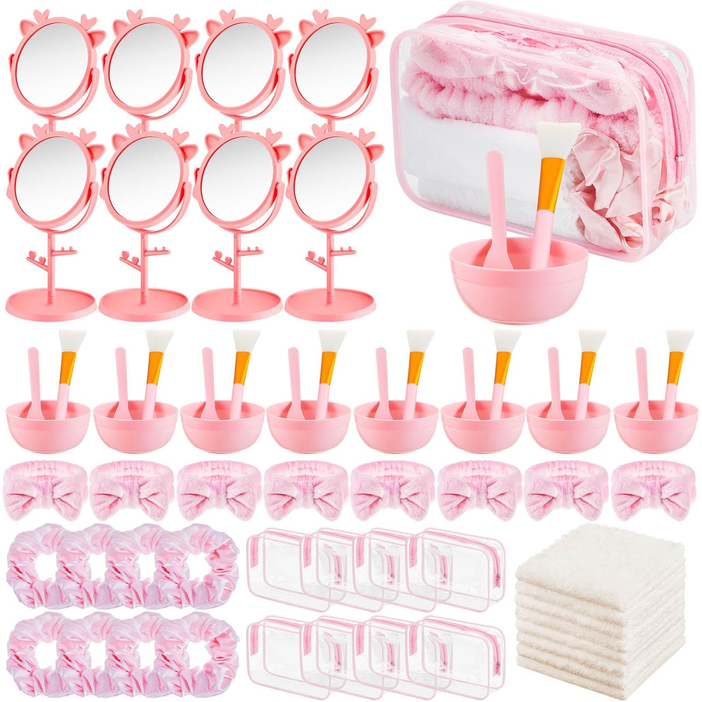 Shinylin 8 Set Spa Sleepover Party Supplies Bulk, Include Face Mask Mixing Bowl Set, Mirror, Headband, Scrunchies, Cosmetic Bags, Face Wash Cloths for Spa Birthday Party (Pink)