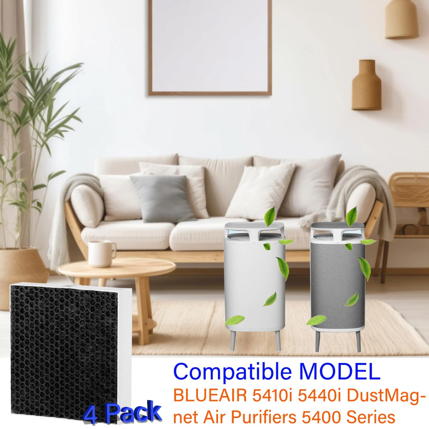 4 Pack 5400 Replacement Filter for BLUEAIR DustMagnet 5410i 5440i Air Purifier 5400 Series ComboFilter, 3-in-1, H13 True HEPA with High efficiency Activated Carbon