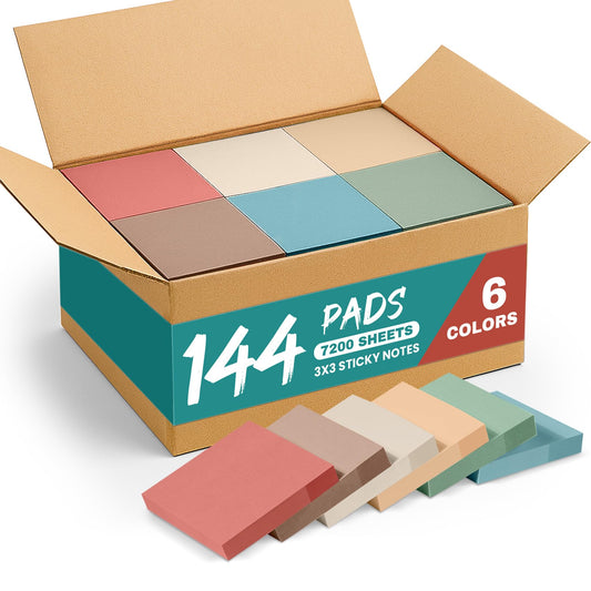 Sticky Notes, 3x3 Inch, 144 Pad, Aesthetic Self-Stick Note for Office, School and Home, Ideal for Planning, Notes and Organization, Vintage Colors