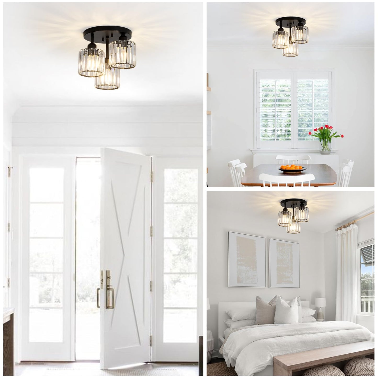 PAUFUL Crystal Semi Flush Mount Ceiling Light,3-Light Modern Close to Ceiling Light Fixtures,Black Kitchen Light Fixtures with Clear Crystal Shade,Hallway Light Fixtures for Hallway Bedroom Bathroom