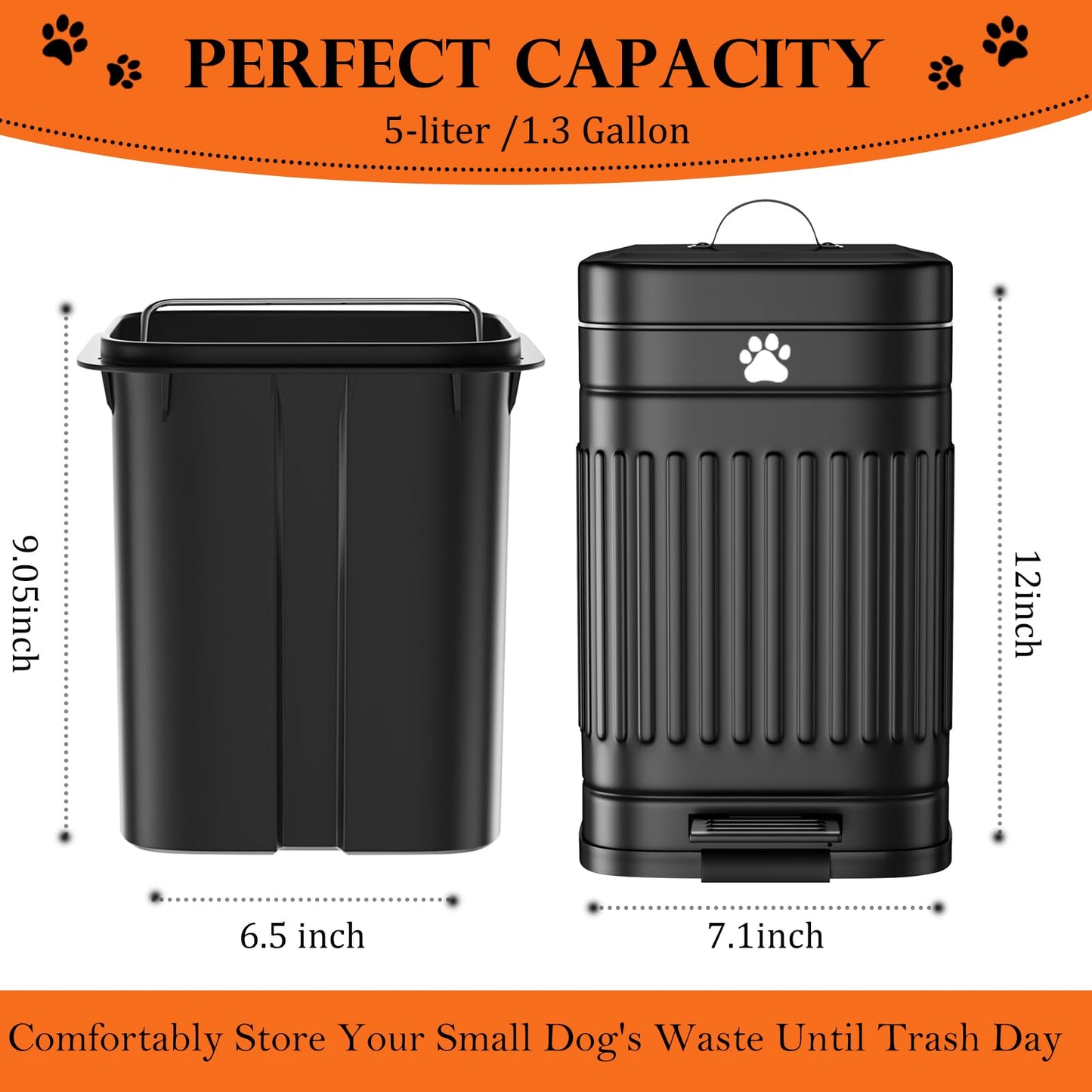 Kopuncare Dog Poop Trash Can Outside, 5L/1.3Gal Metal Dog Waste Trash Can with Lid, Foot Pedal, Pet Waste Container with 40 Bags, Poop Bucket with Lid Soft Close for Pet, Black