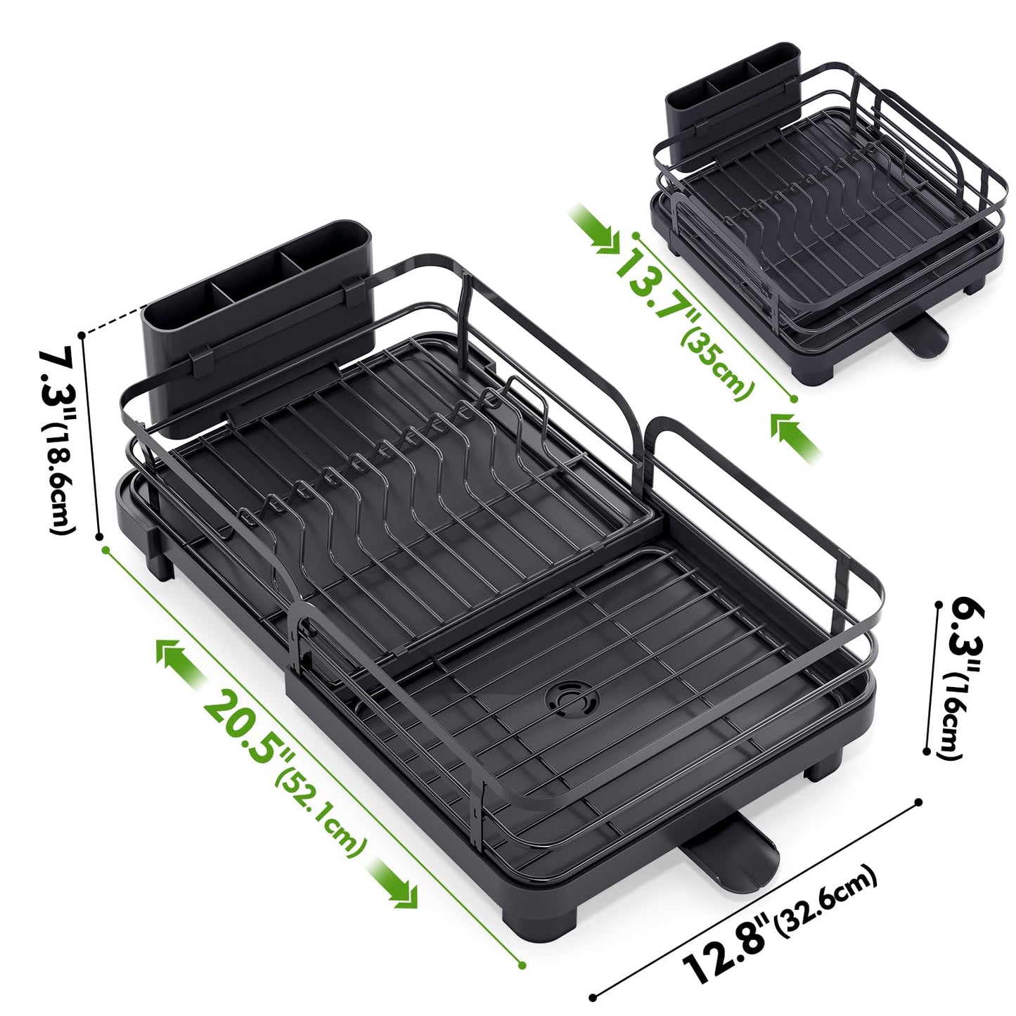 TOOLF Expandable Dish Rack, Dish Drying Rack for Kitchen Counter, Foldable Dish Dryer Rack, Stainless Steel Dish Drainer Racks with Cutlery Holder, Collapsible Dish Drying Racks Standard Size,Black