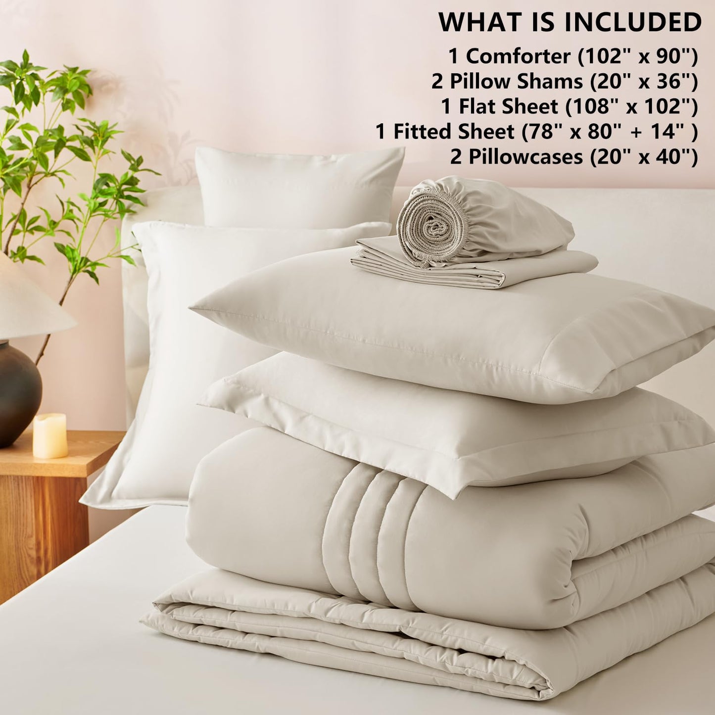 CozyLux King Size Comforter Set Beige - 7 Pieces Bed in a Bag, Modern Vertical Quilted Room Decor, Soft All-Season Bedding Gift with Comforter, Sheets, Pillowcases & Shams
