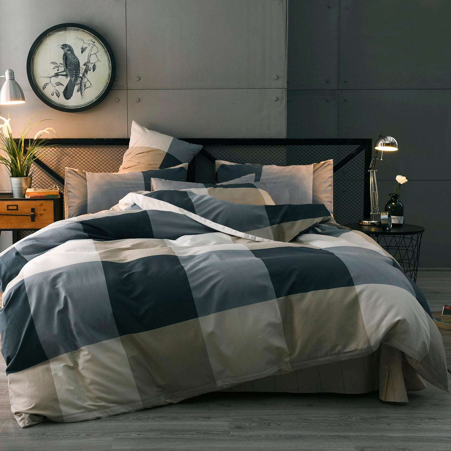 mixinni Twin XL Comforter Set Men Boys Geometric Checkered Plaid Printed Bedding Comforter for All Season Soft Lightweight Bedding Set-Twin XL Size