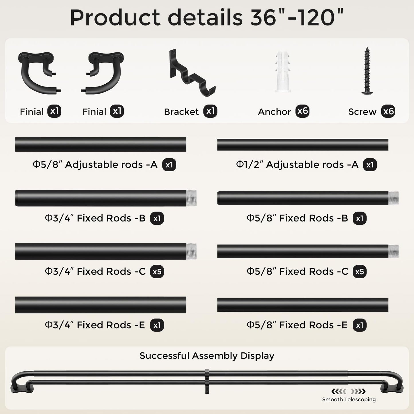 Black Long Double Curtain Rod 34-124 Inch, Wrap Around Blackout Dual Curtain Rods for Windows, Adjustable Heavy Duty Curved Spliced Room Darkening Double Rods, All Metal, Aluminium Bracket