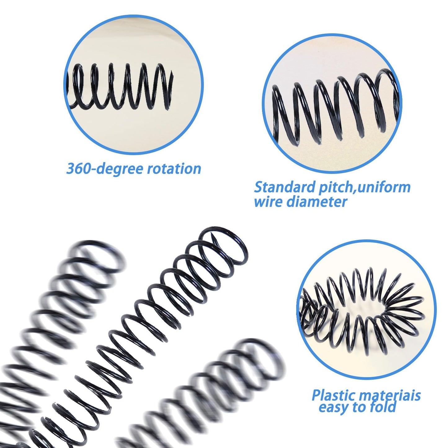 Rayson 28.6mm Plastic Spiral Coil Binding 3:1 Pitch, 1-1/8 inch, 240 Sheets Capacity Black Coil Binding Spines - Versatile for Office and Educational Tasks, Pack of 50