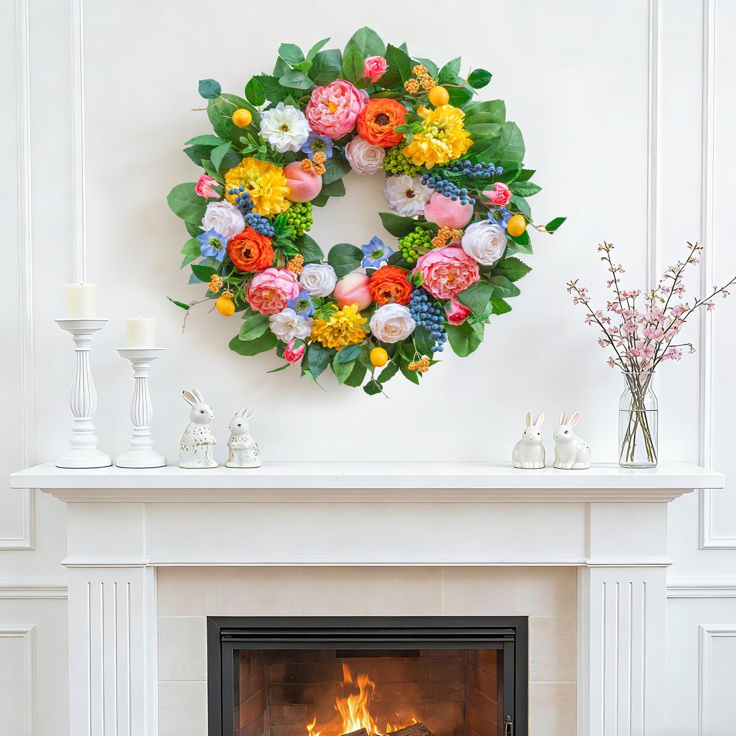 Pinkpuii Spring Wreaths for Front Door 24 Inch Vibrant Spring Summer Wreath with Peonies,Roses,Marigolds,Blueberries & Realistic Fruit Accents (Peach, Lemon)- Ideal for Porch,Entryway,Wall,Window