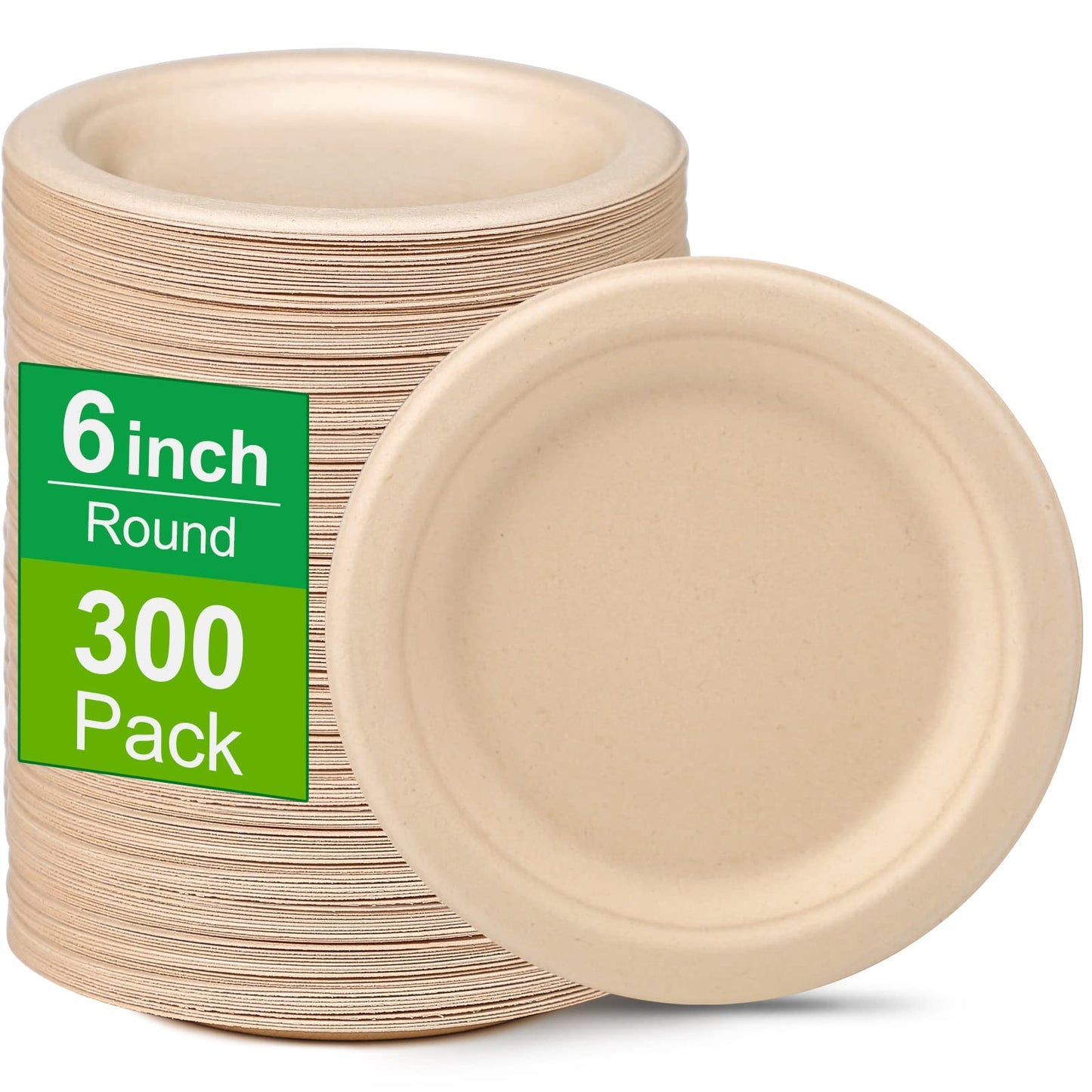 Greconv 300 Pack 6 inch Paper Plates, Small Paper Plates Bulk, Disposable Dessert Paper Plates, Compostable Plates Made from Sugarcane Fibers, Recycled Plates, Brown