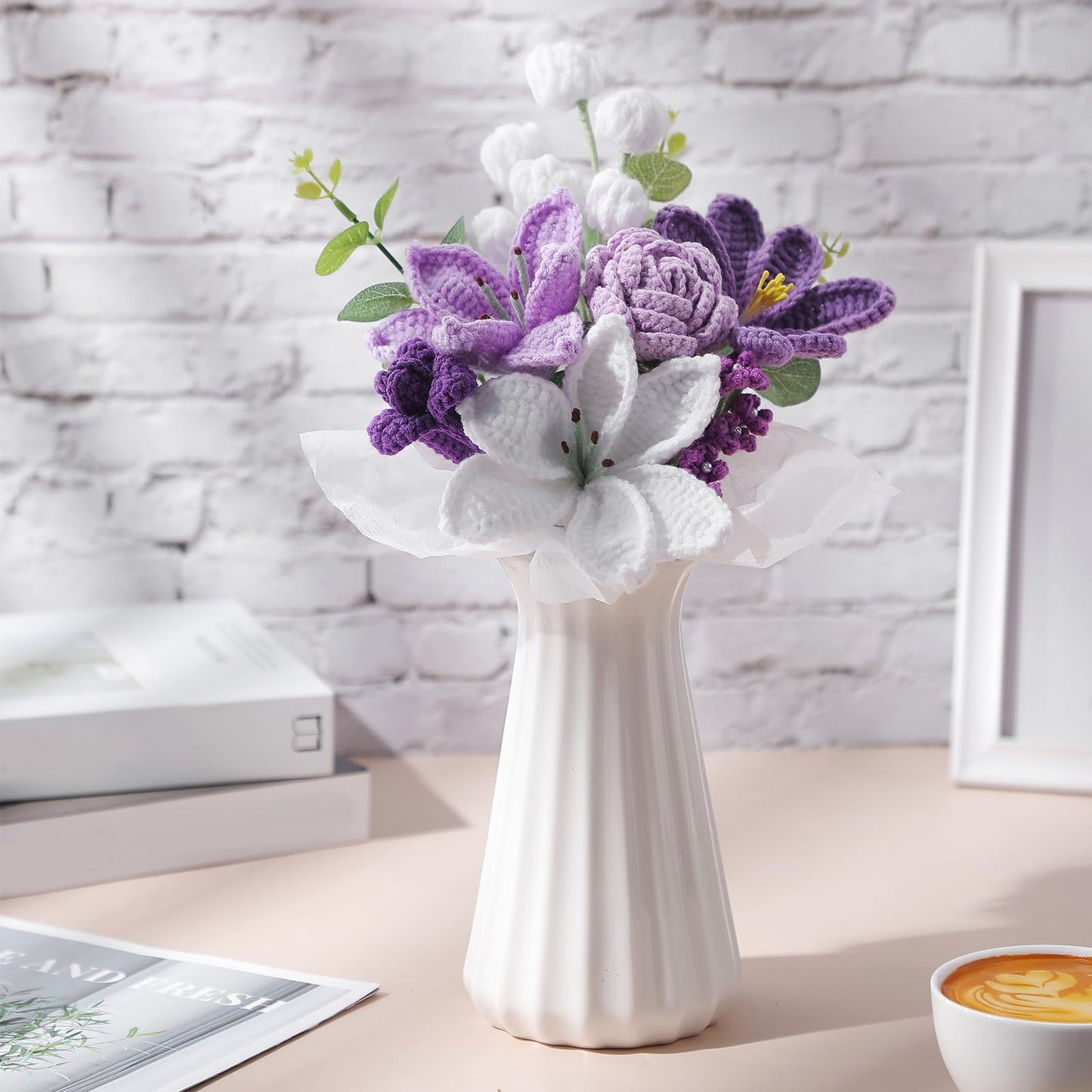 Juinte Graduation Crochet Flower Bouquet Gift Completed Handmade Knitted Bouquet with Lily Tulips Rose for Graduation Birthday Wedding Summer Home Women(Purple)