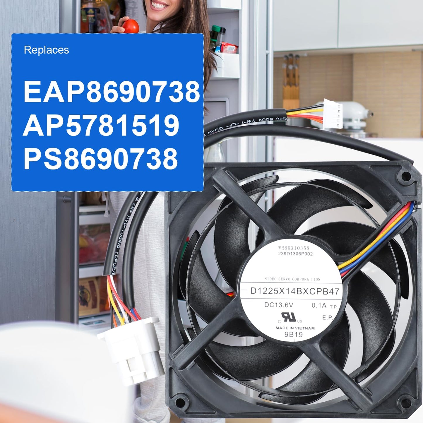 WR60X10358 WR60X10339 Refrigerator Condenser Fan Motor Compatible with GE CFE28TSHBSS CFE28TSHCSS CFE29TSDASS CFE29TSDBSS CFE29TSDCSS Replaces EAP8690738 PS8690738 239D1306P002 D1225X148XCPB47
