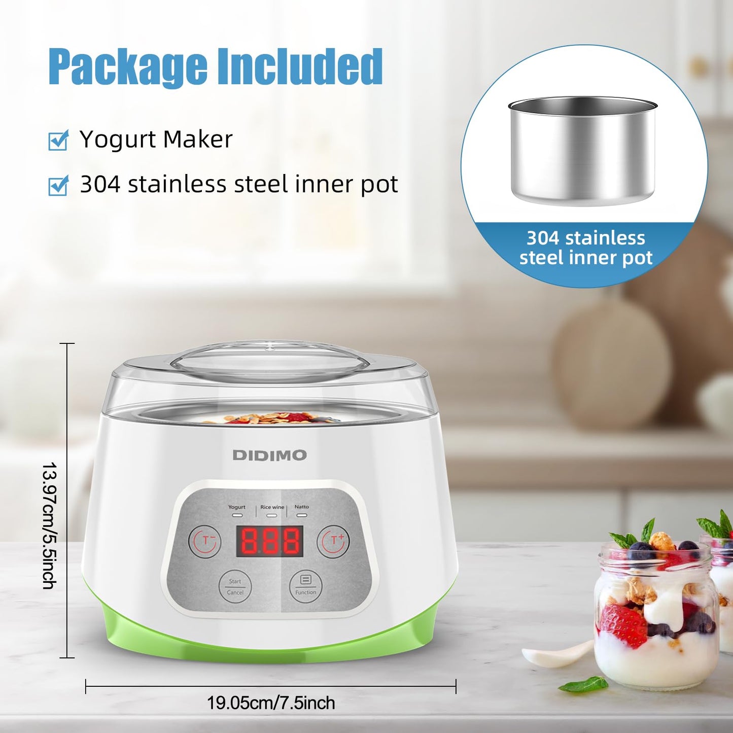 Yogurt Maker, Greek Yogurt Maker with Timer Control and Strainer, Yogurt Maker Machine with Stainless Steel Liner, Electric Portable Yogurt Maker for Yogurt, Greek Yogurt, Cheese, Natto (White)