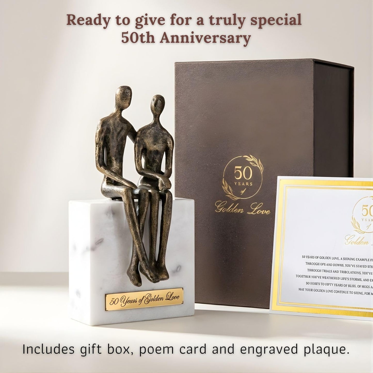 DCAPILLA 50th Wedding Anniversary Couple Gifts - Iron Couple Sculpture on Marble Rock - Keepsake with Poem Card and Engraved Plaque