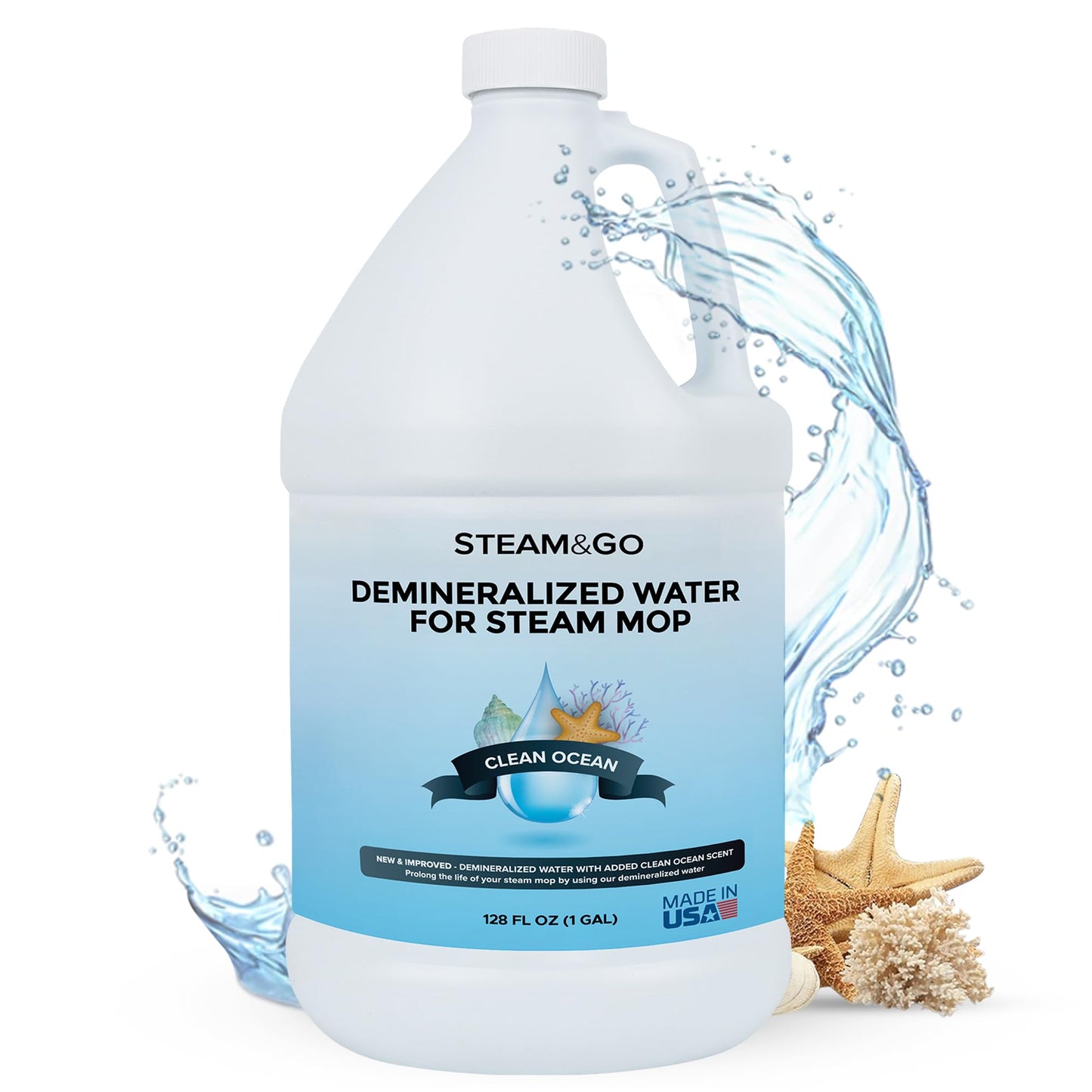 Steam & Go Demineralized Water - Multisurface Cleaner, PVC-Free Ready-to-Use for Mops & Floor Steamers - Ideal for Kitchen, Bathroom, & Home Surfaces - Clean Ocean Scent - 128 fl oz (1 gal)