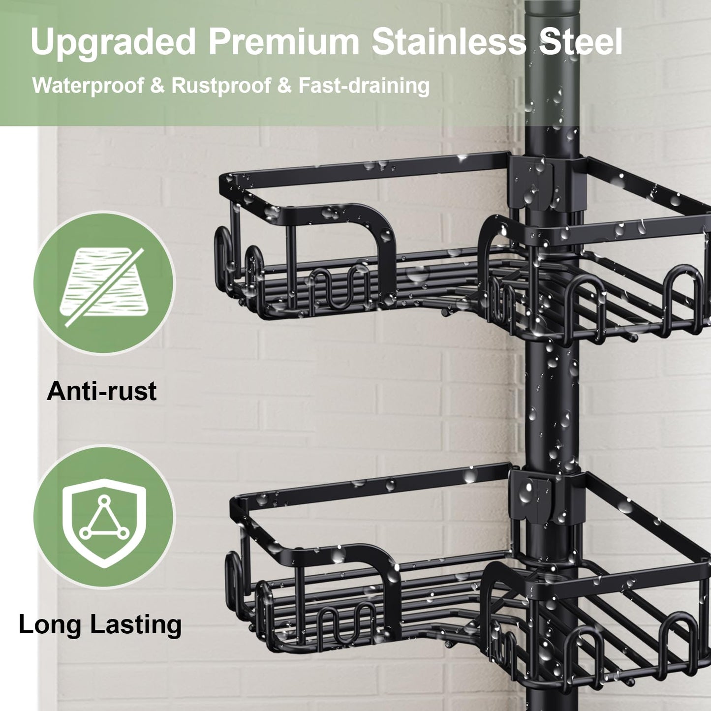Clothink Corner Shower Caddy Tension Pole 4 Tier Adjustable Stainless Steel Shower Shelf for Inside Shower Bathtub Shampoo,Standing Bathroom Organizer Shelves with 39 to 113 inch Height