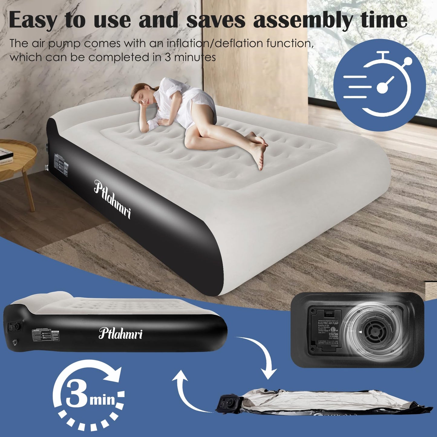 Ptlahmri Queen Air Mattress Full with Built-in Pump,16'' Blow up Mattress with Soft Flocked Top Luxury Inflatable Mattress 3 Minute Fast Inflation/Automatic deflation for Camping＆Home and Guest