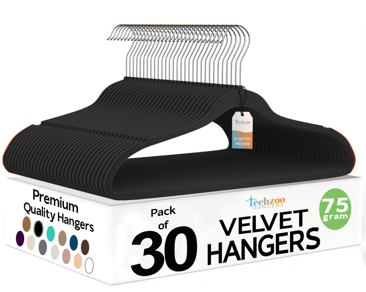 Techzoo Premium Velvet Hangers 30 Pack Ultra Thin Non Slip Adult Felt Space Saving Suit Hanger for Closet Heavy Duty Coat Pants Jackets Dress Hangers 360° Swivel Hook Hold Upto 10 lbs Black