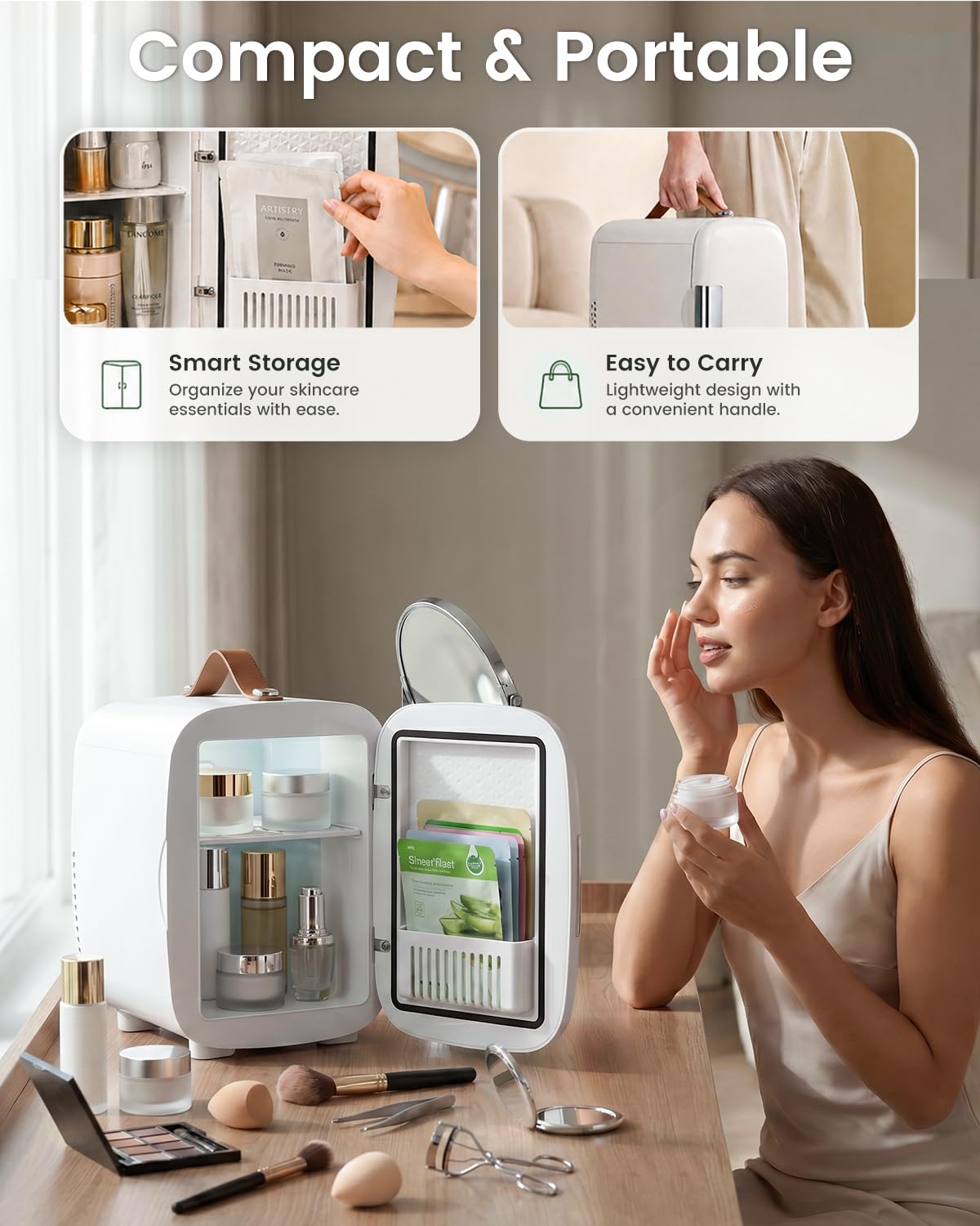 FANSEXPERT Cosmetic Fridge, Portable Mini Fridge for Skincare Food Drinks, 4L/6 Can Electric Plug In Cooler & Warmer, AC/DC Skincare Refrigerator for Bedroom Office Car Dorm (White)