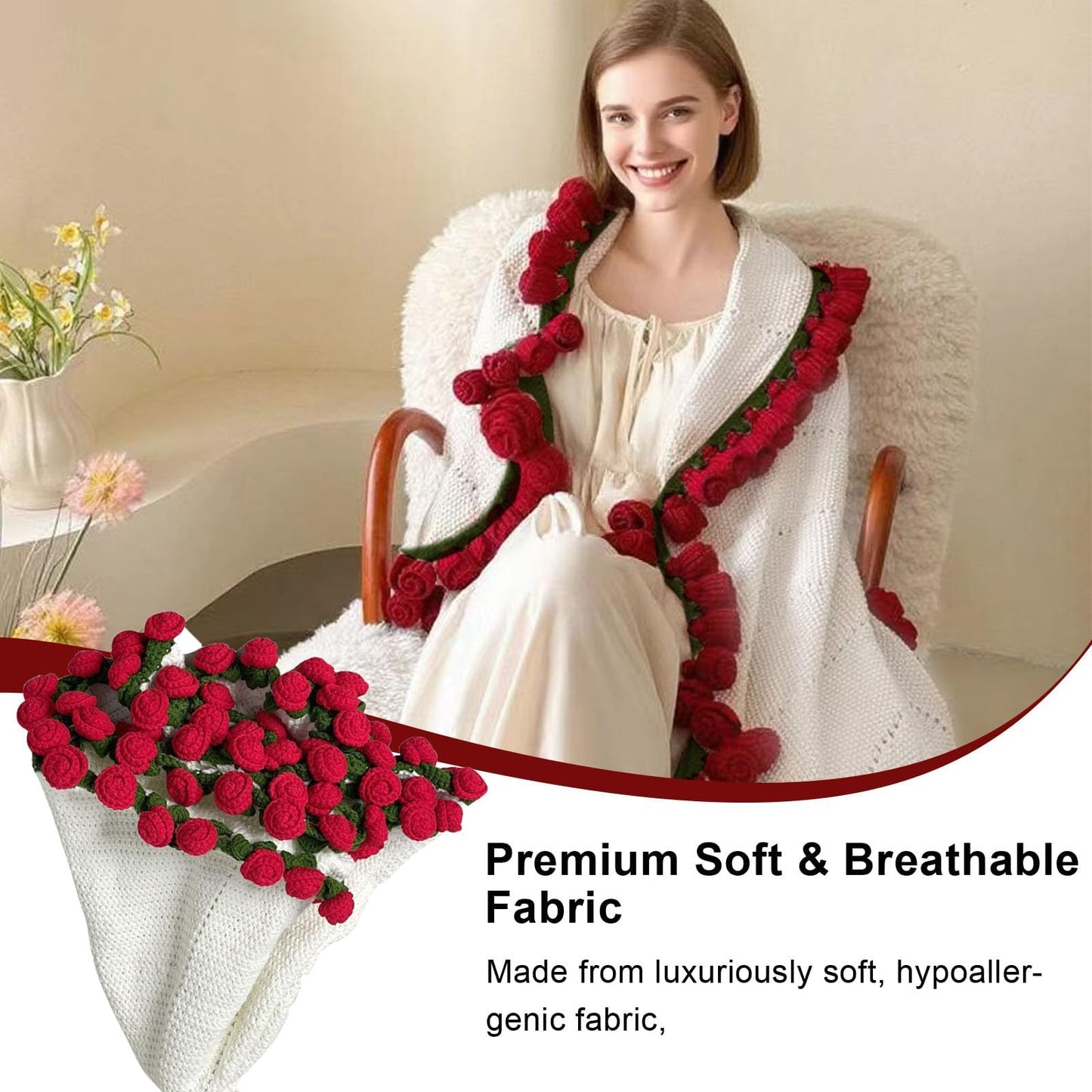 Nenkarn Crochet Flower Bouquet Blanket Handmade Rose Throw 40 Inch Soft Knitted All Season Home Decor Gift Christmas Birthday