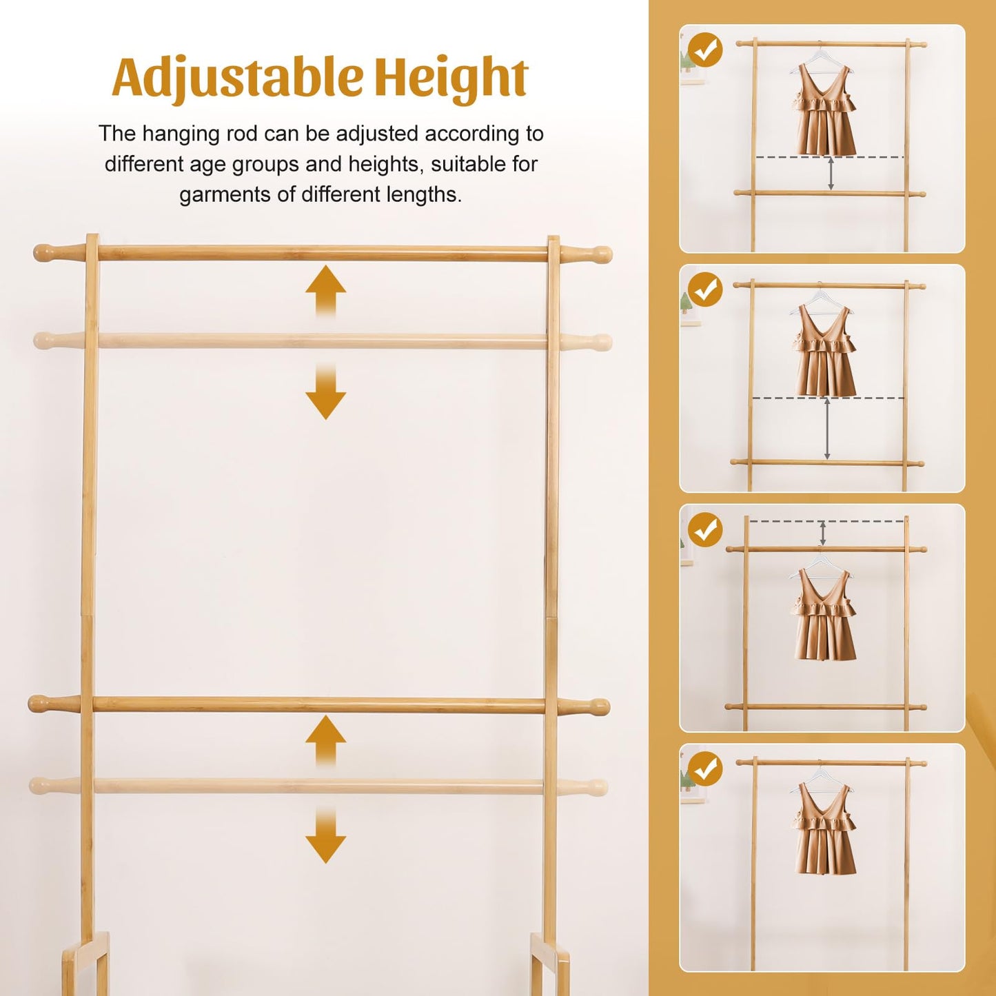 Vilaxing Kids Clothing Rack Bamboo with 2 Storage Baskets and 2 Adjustable Hanging Rods,Child Garment Holder with Shelf, Dress up Racks for Playroom,Toddlers Bedroom (Natural)