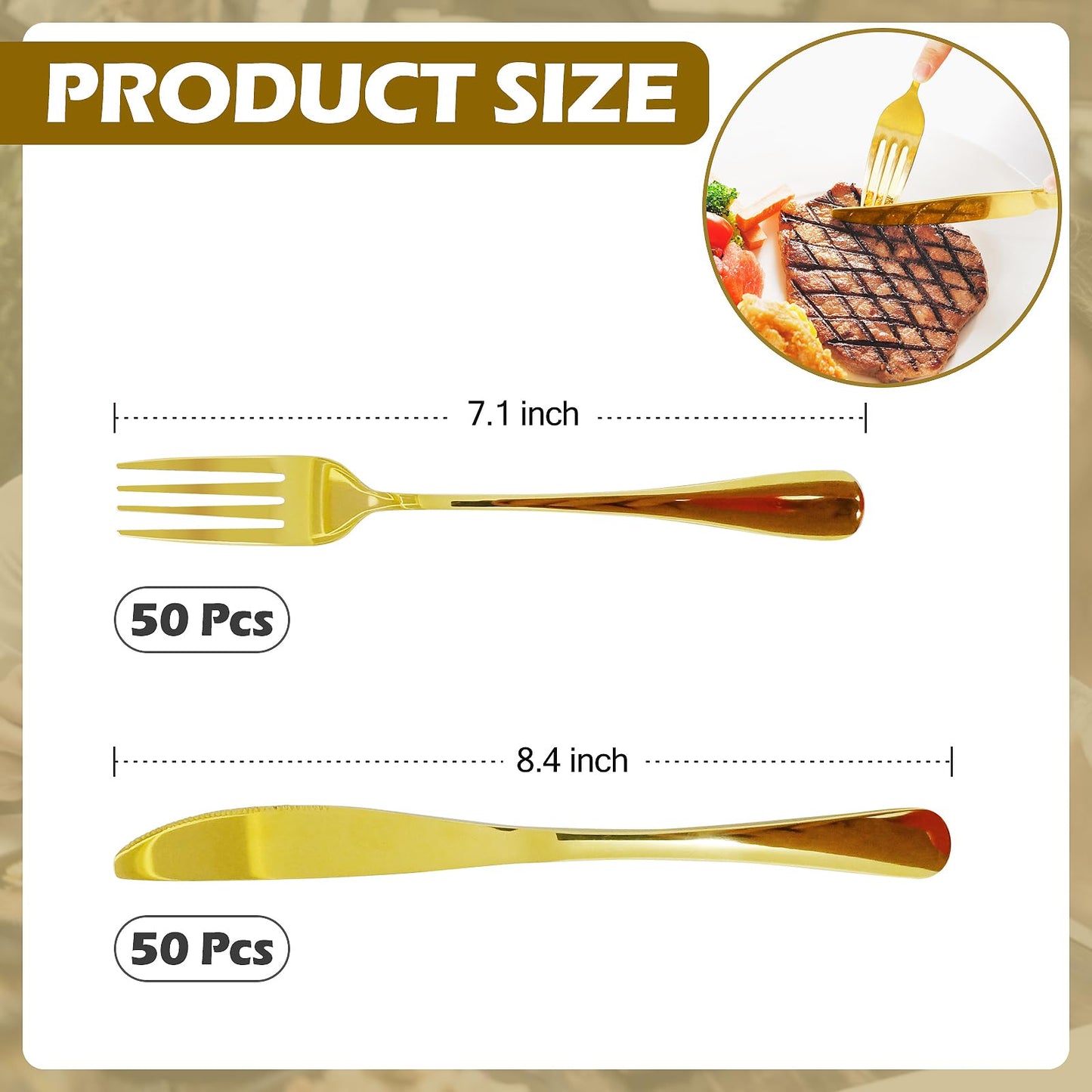 100 Pcs Stainless Steel Gold Silverware Set Bulk Flatware Set Service for 50, 50 Pcs Dinner Forks and 50 Pcs Dinner Knives Tableware Cutlery Set for Butter Kitchen Restaurant, Dishwasher Safe