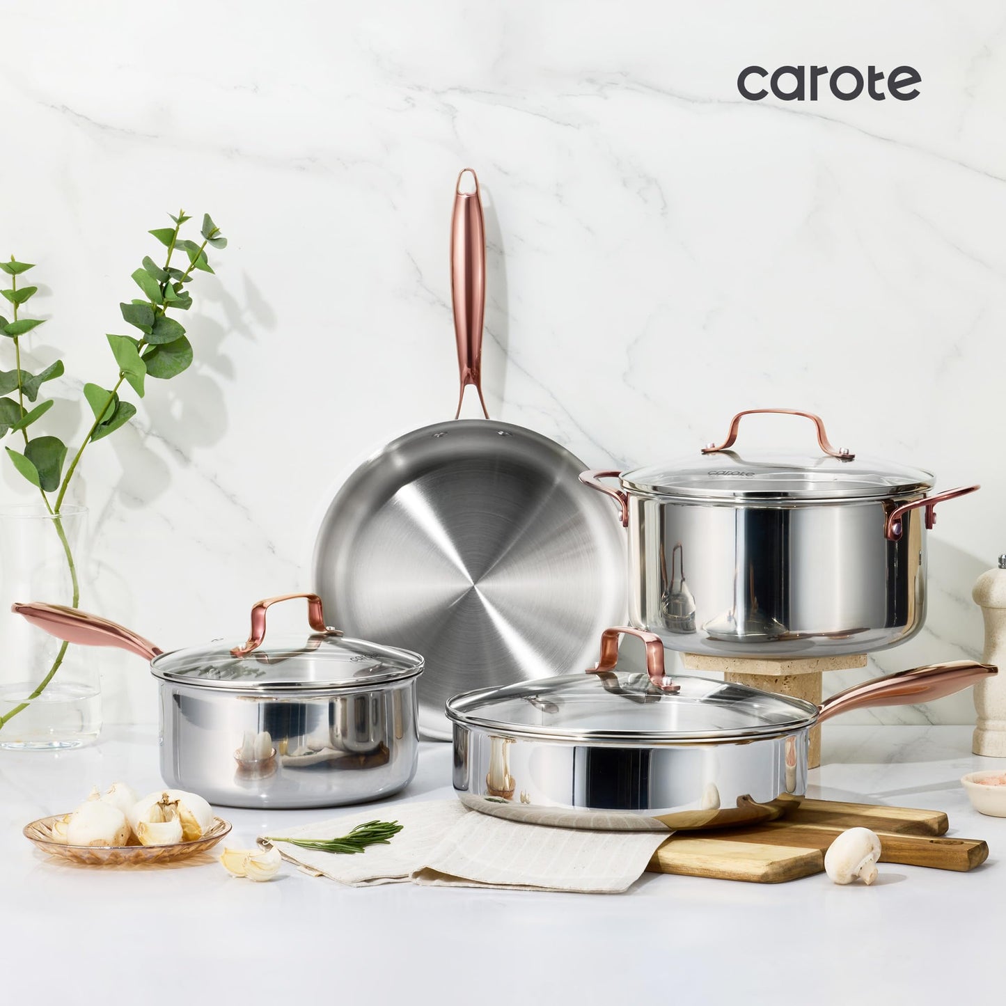CAROTE 10" Tri-Ply Stainless Steel Deep Frying Pan with Lid, Non-Toxic Saute Pan, Oven Safe, Induction, Ceramic and Gas Cooktops Compatible, Silver