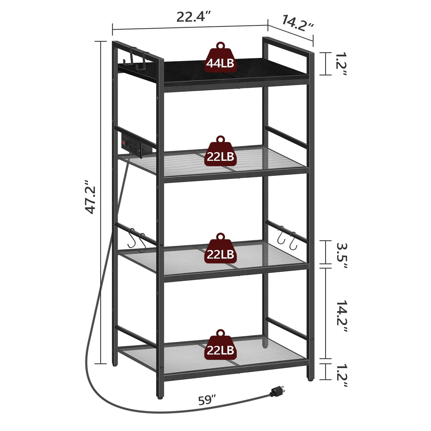 MAHANCRIS Bakers Rack with Power Outlet, Microwave Stand with Hooks, Multifunctional Storage Rack, Coffee Bar with Enclosure, Kitchen Storage Shelf, for Kitchen, Dining Room, Black BRHB40E01