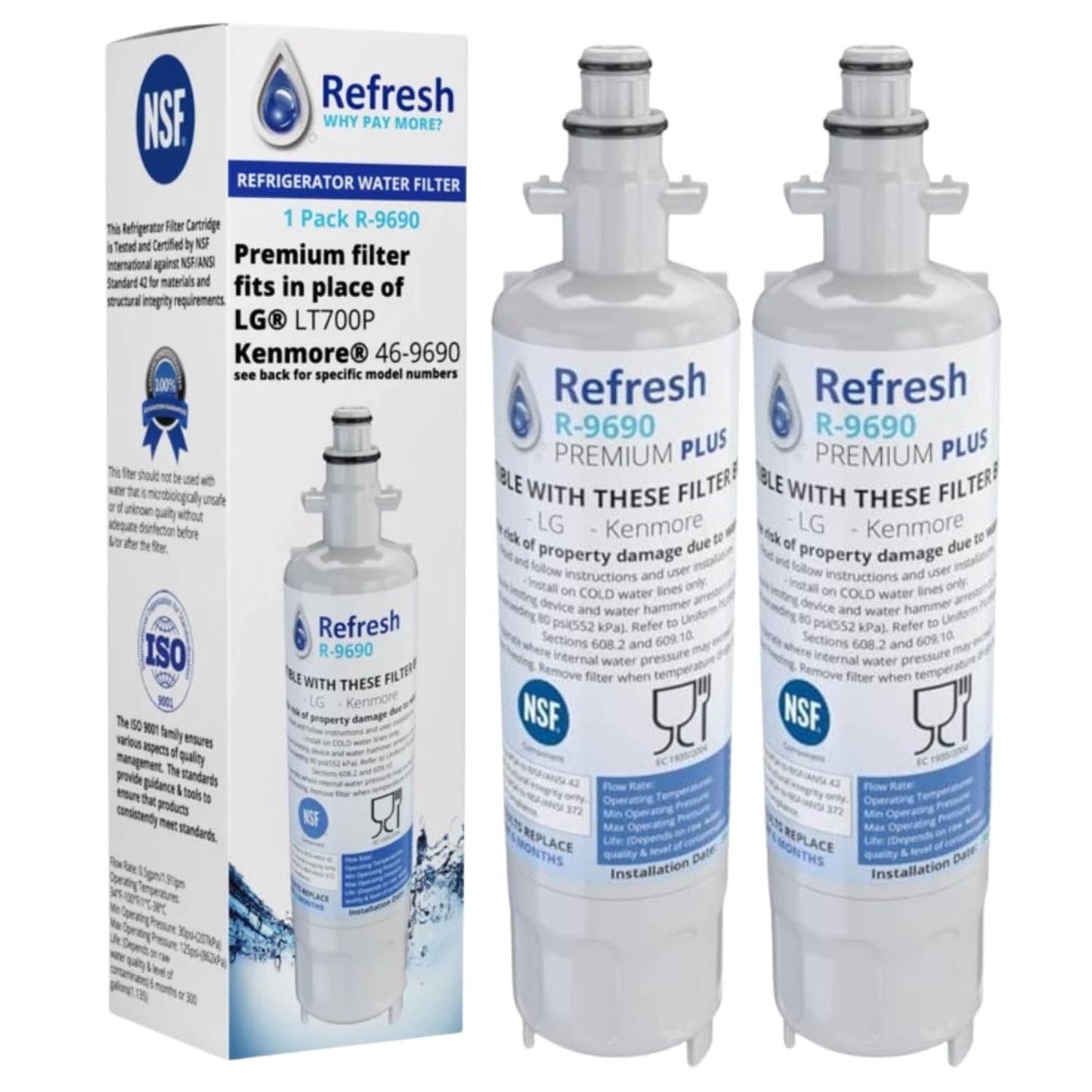 Refresh Premium Plus R-9690 Refrigerator Water Filter Replacement - Fridge Water Filter, Compatible with LG LT700P, ADQ36006101, ADQ36006102 & Kenmore 46-9690, 2 Pack