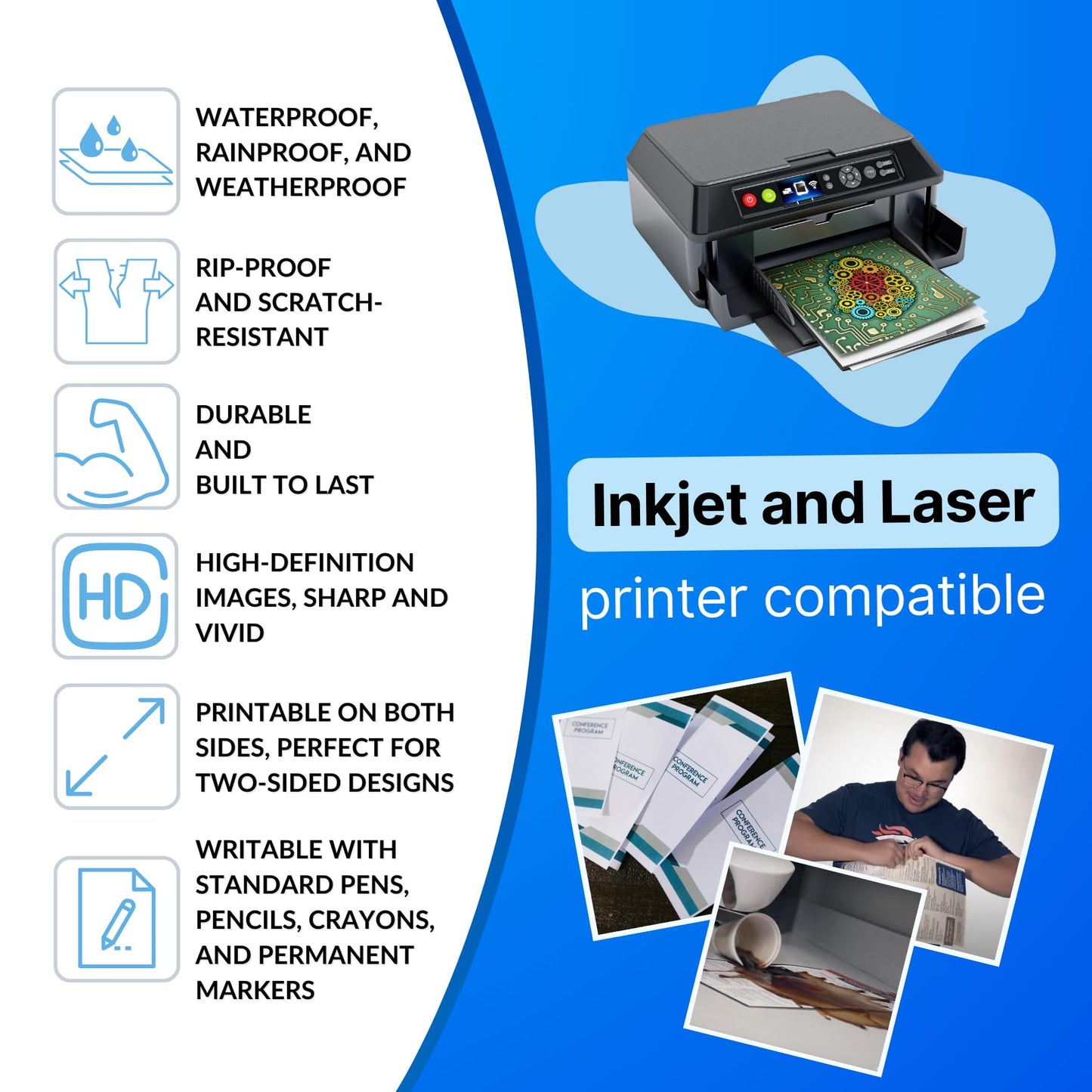 TerraSlate Waterproof Paper - Hydronote 54lb Multipurpose Copy Paper 8.5” x 11”, 100 Sheets, Inkjet Printer and Laser Printer Paper Compatible - Weather/Rain Proof, Durable, White Paper
