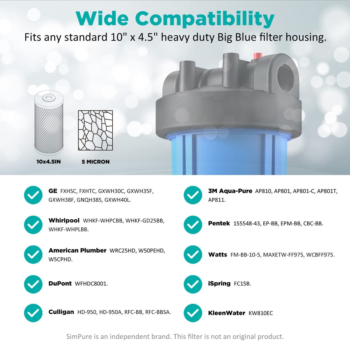 SimPure Whole House Water Filter Cartridges 5 Micron 10" x 4.5" CTO Activated Carbon Block, For DB10P, DB10C-2, GE GXWH40L, GXWH35F, BB10, FXHTC, FC15B, 2 Pack