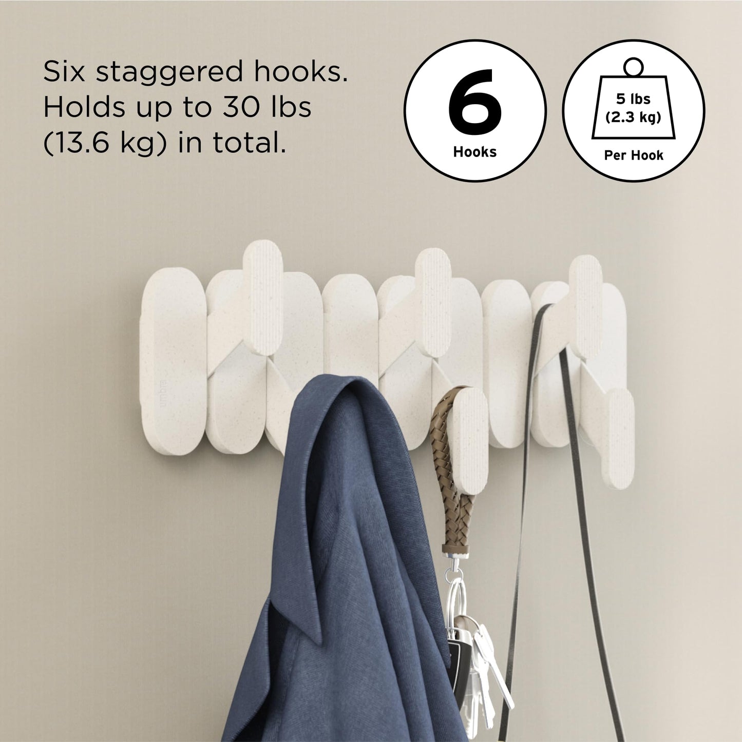 Umbra Tempo Wall Hook – Modern 6-Hook Coat & Towel Rack, Recycled ABS & Wood Fiber, Sand (Beige), Easy Mount Entryway Organizer