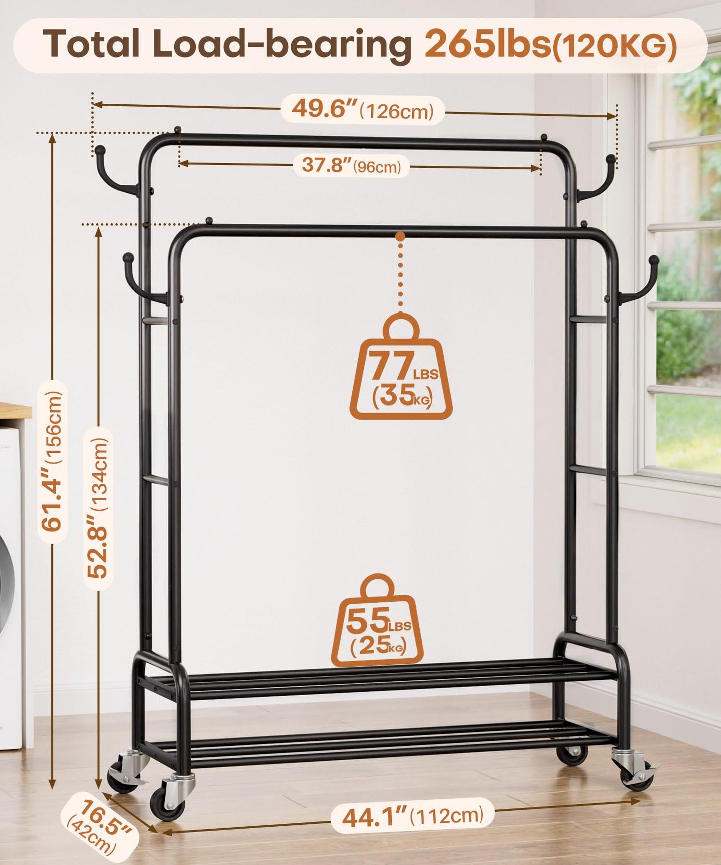 Homde Heavy Duty Clothes Rack: 265lb Rolling Double Rod Garment Hanging - Metal Coat Organizer Storage Display Shelf on Wheels for Bedroom Laundry