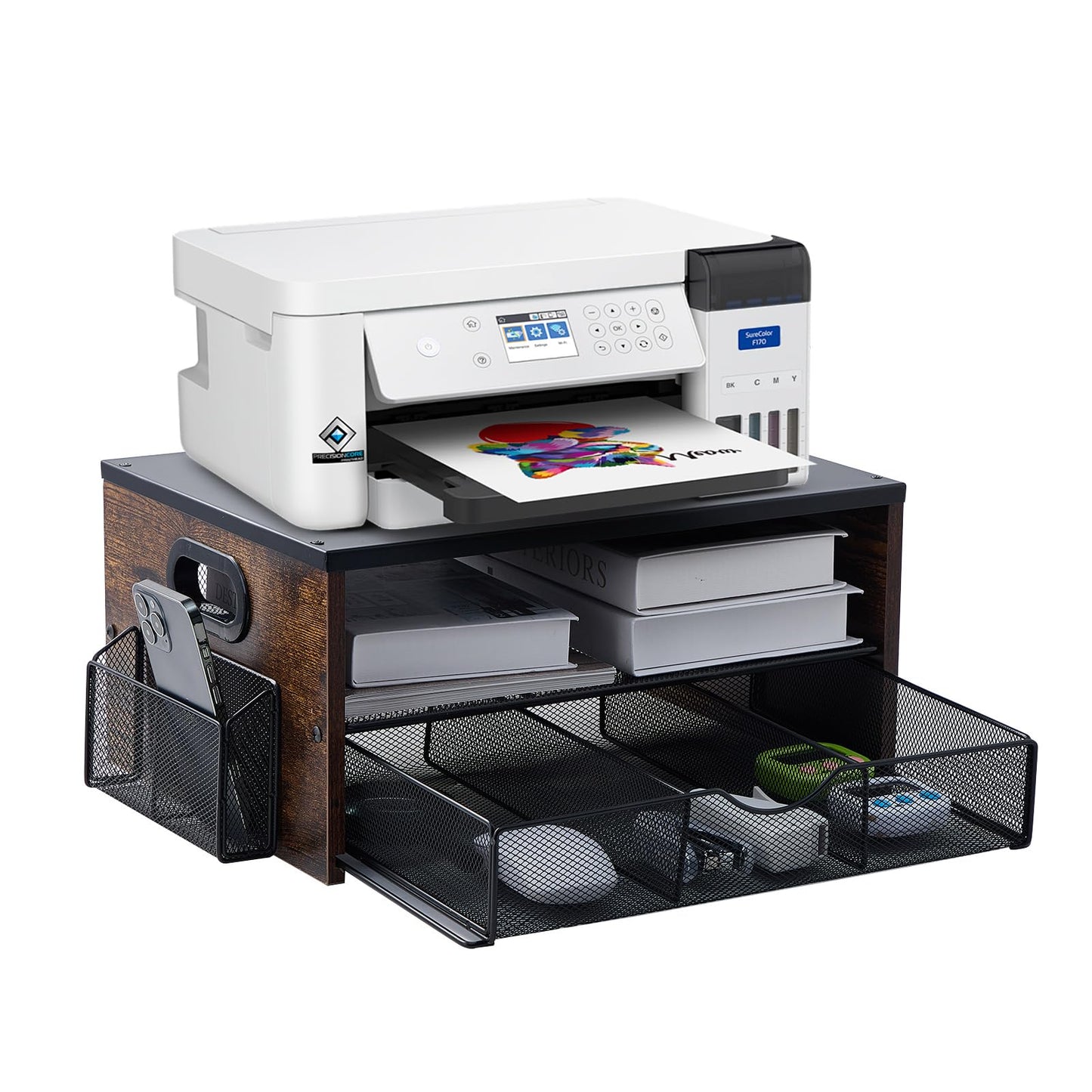 Xmoddes Printer Stand,Desktop Printer Stand with 2-Tier Storage Shelves for Home Office，Desk Organizer with Drawer and 2 Pen Holders for Fax Machine Scanner Files